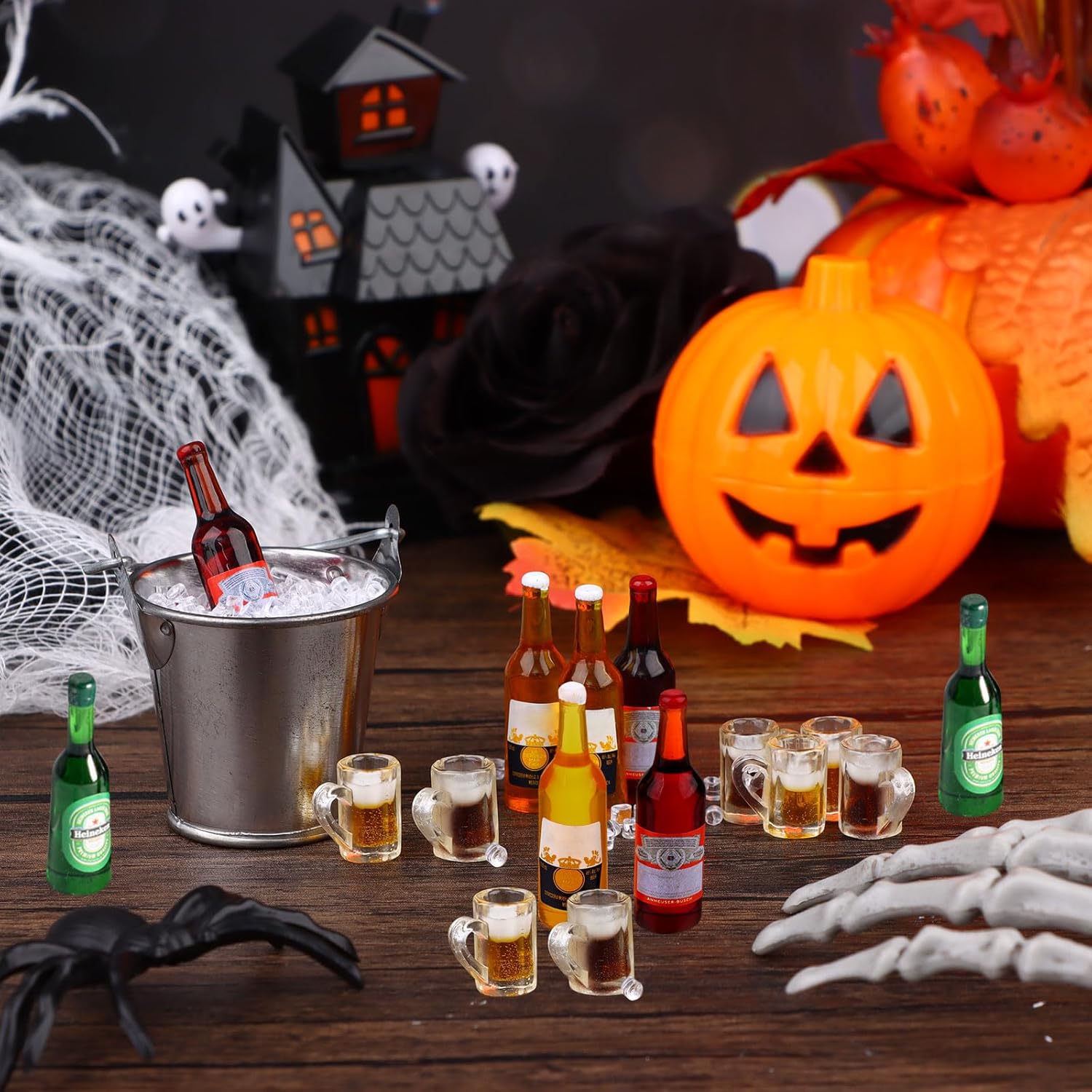 Juego de botellas de cerveza en miniatura de casa de muñecas 112 con cubo en miniatura, cubos de hielo falsos, mini tazas de cerveza para juego de