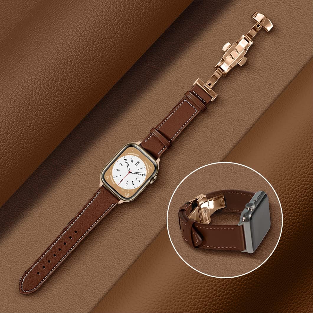 Soft Leather Band For Apple Watch Band 40mm 41mm 44mm 45mm 49mm Ultra 38mm 42mm,Metal Butterfly Buckle Leather Replacement Band for iWatch Series 8