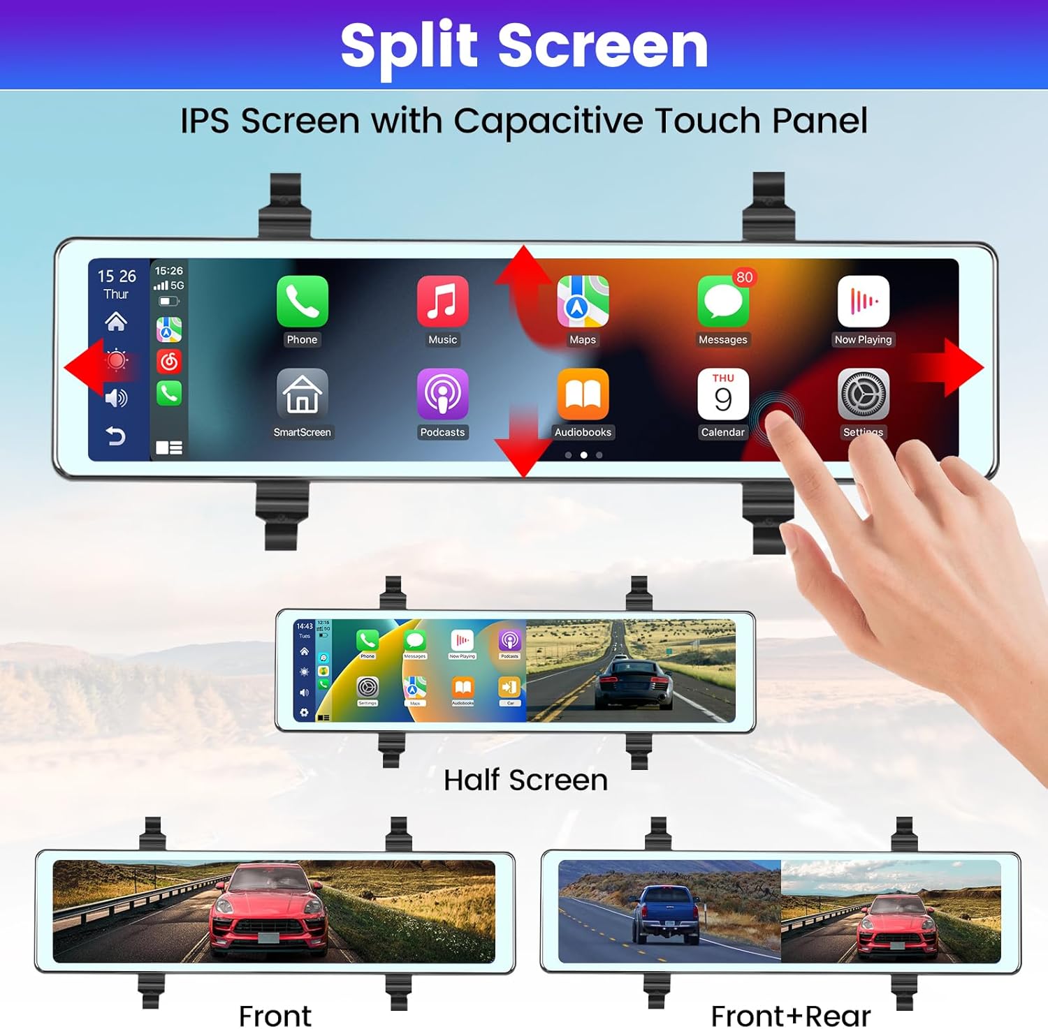 Cámara de espejo retrovisor de 11.26 pulgadas con Carplay y Android Auto – Espejo Dash Cam frontal y trasera – Transmisor FMBluetoothPantalla