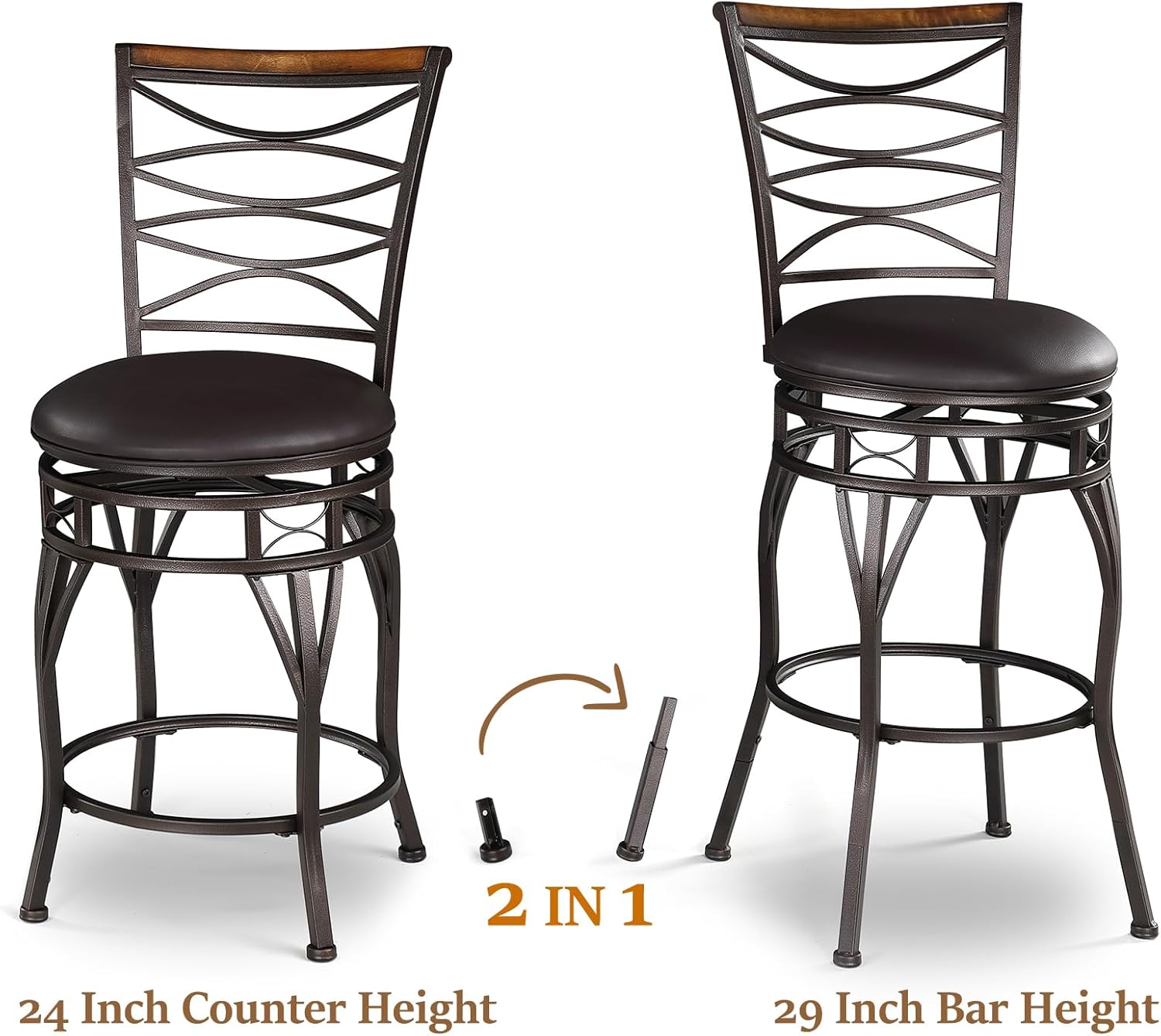 KATDANS Juego de 2 taburetes de bar giratorios de 2429 pulgadas, altura de asiento ajustable con respaldo, taburetes de isla de cocina de piel