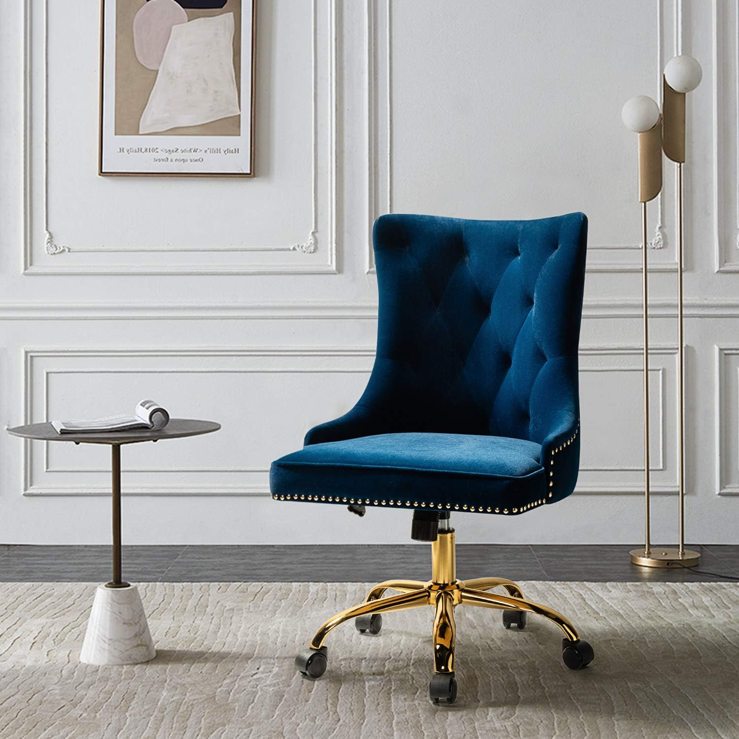 TINA’S HOME Silla de oficina de terciopelo sin brazos con base dorada y ribete de cabeza de clavos, moderna silla de escritorio tapizada capitoné