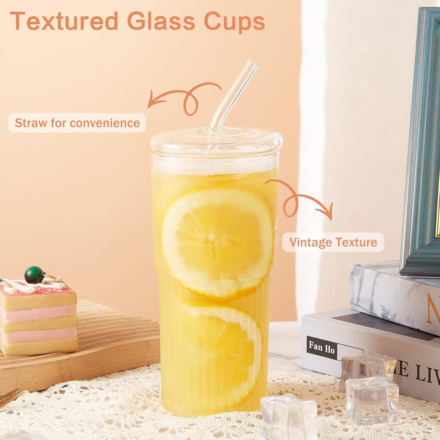 GOSCHE Vasos de vidrio con pajitas y tapas, 2 unidades, vasos de vidrio de 20 onzas, tazas de café helado transparentes, cristalería ondulada