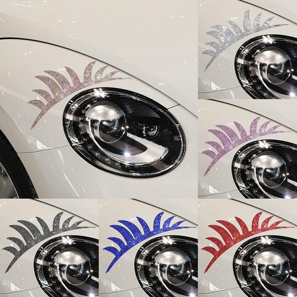 1 par de calcomanías de pestañas falsas para faros de automóvil, decoración de pestañas postizas con cristales brillantes para ceja de auto,