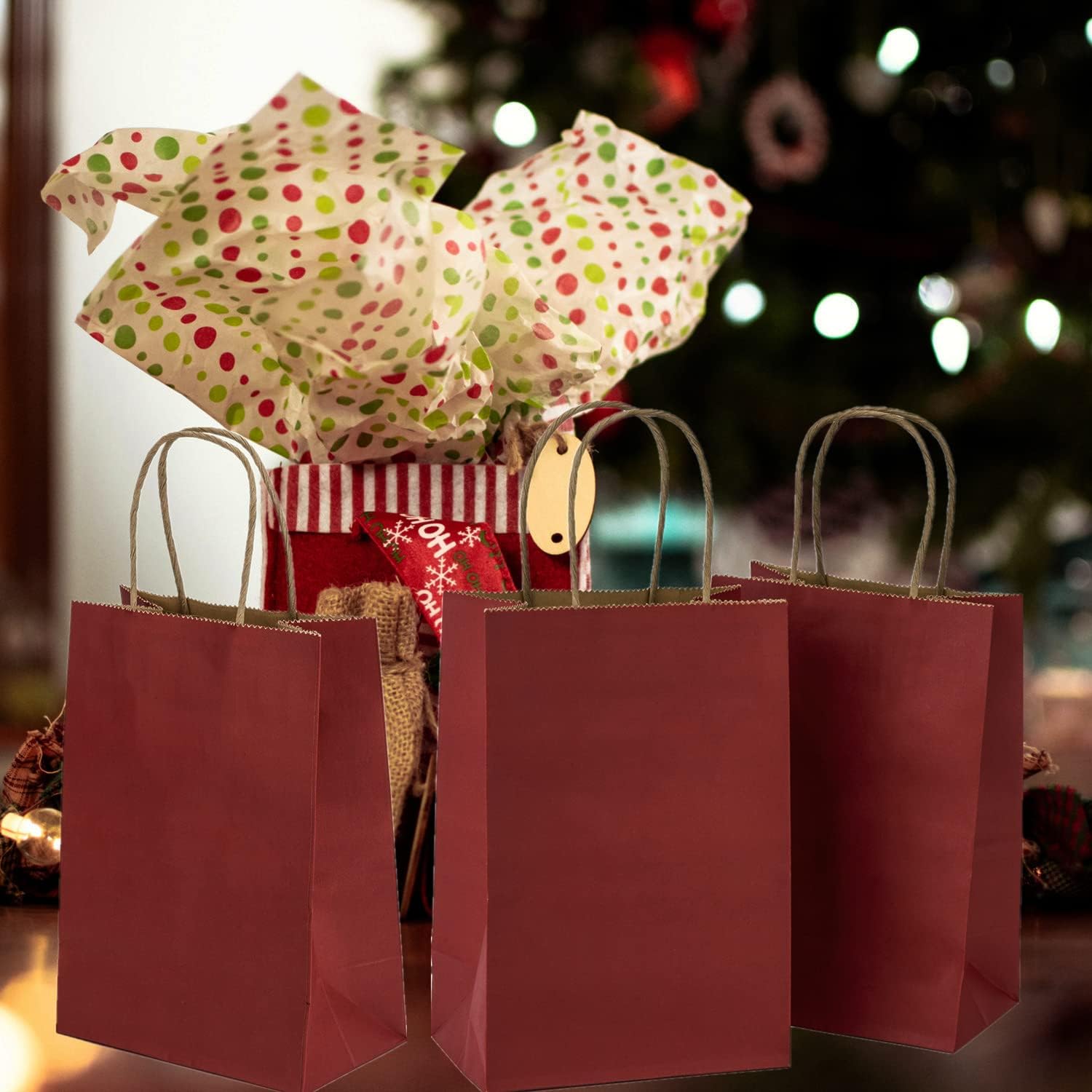 Ronvir 100 bolsas de regalo pequeñas de 5.25 x 3.75 x 8 pulgadas, bolsas de papel rojas con asas, bolsas de regalo a granel para recuerdos de