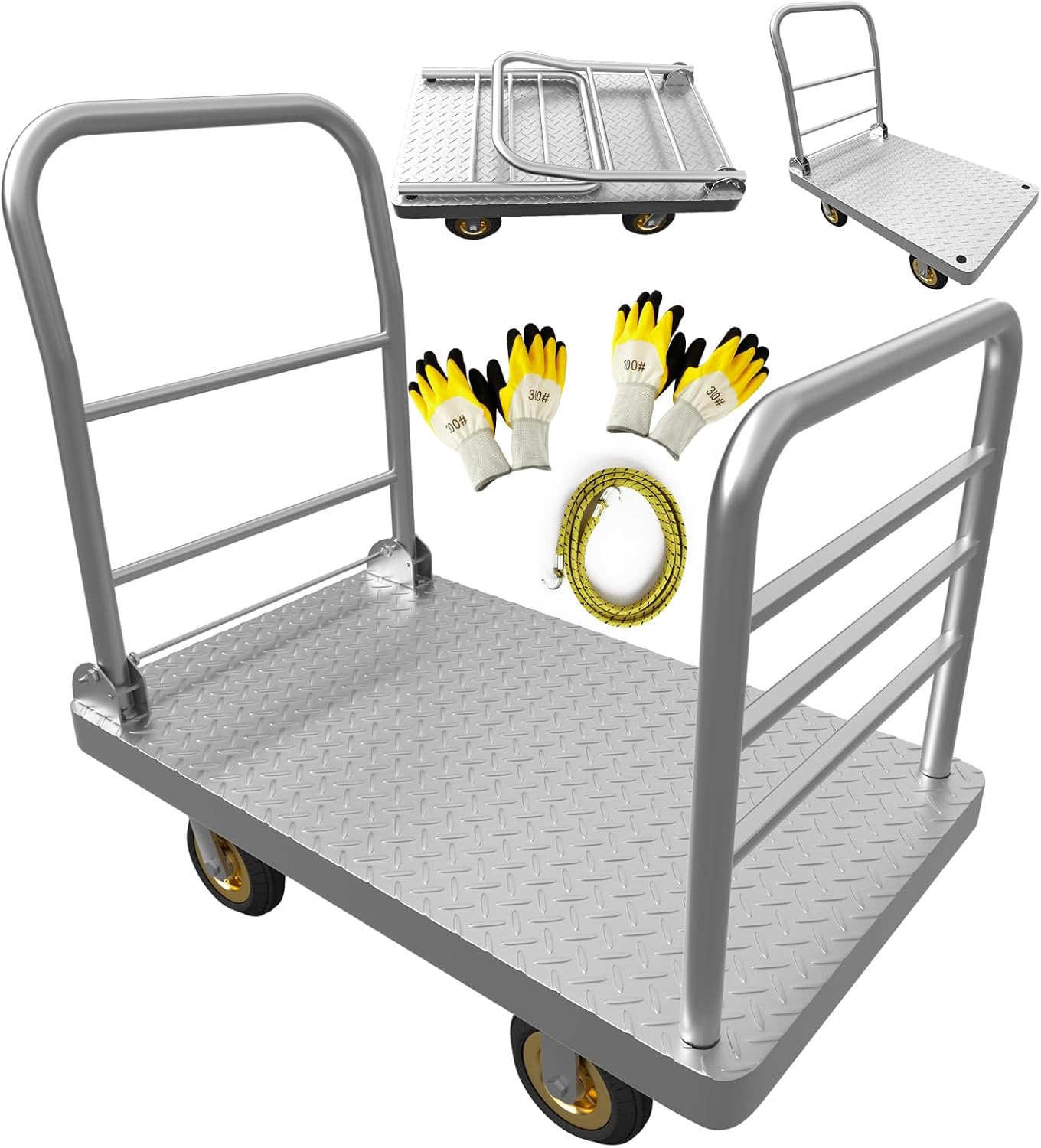 Carrito de camión de plataforma resistente 2 en 1 con barandilla desmontable, carrito de empuje de 2650 libras, carrito de cama plana con ruedas