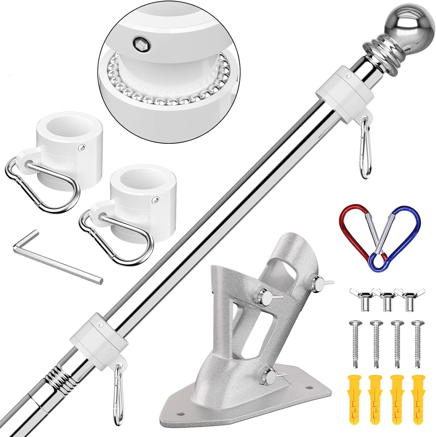 ZMTECH Mástil de bandera  Soporte mejorado, bastones de bandera de acero inoxidable de 6 pies para exteriores de casa, residencial o comercial, kit