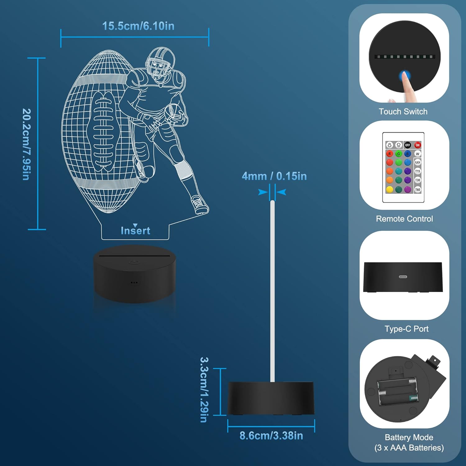 Attivolife Luz nocturna 3D para jugador de fútbol, lámpara LED de ilusión de rugby con control remoto y táctil, 16 colores que cambian regulables,