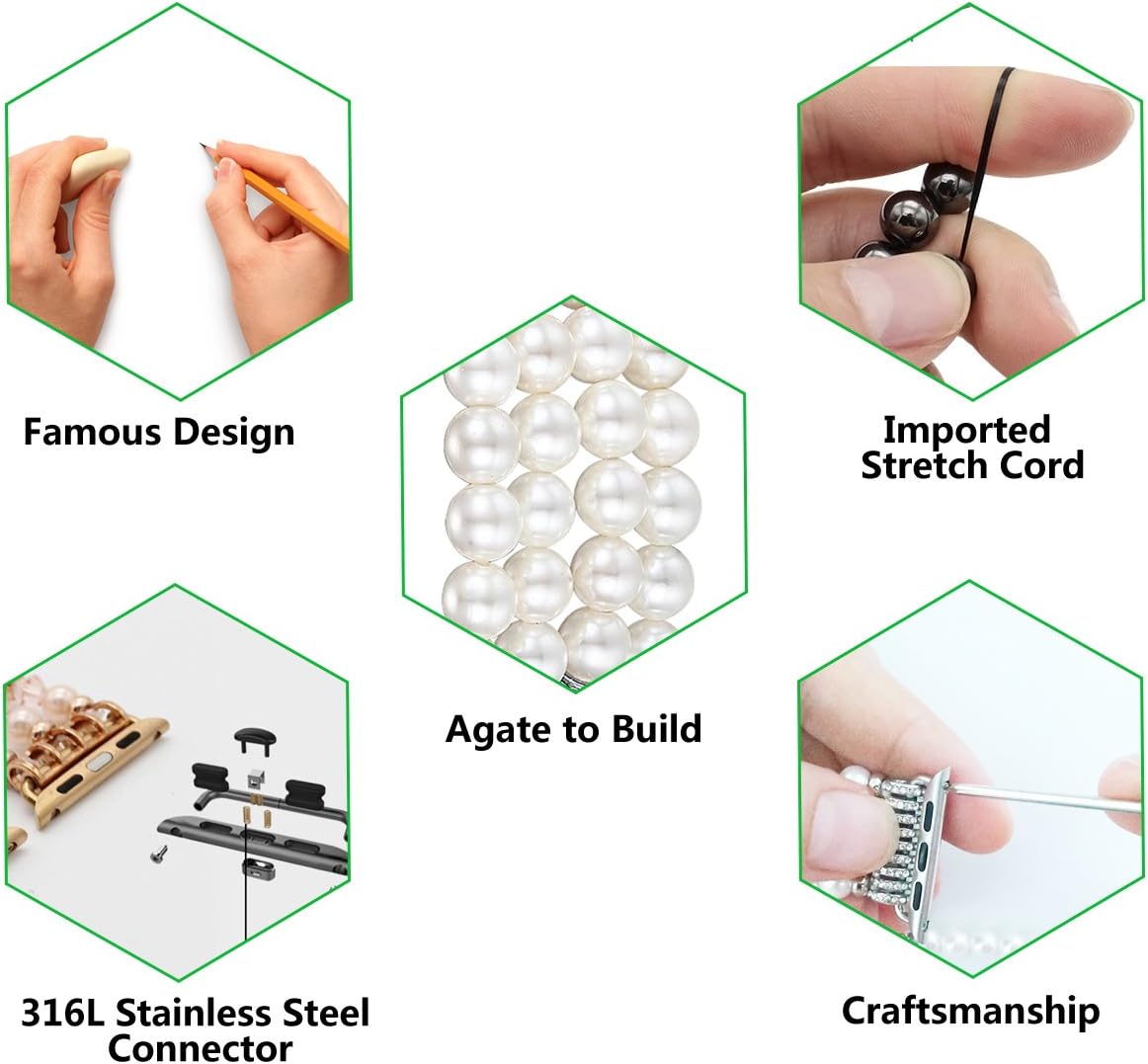 Fastgo correa para relojes Apple. Moderno brazalete con perlas sintéticas elastizado, hecho a mano. Correa de repuesto para iWatch para mujeres y