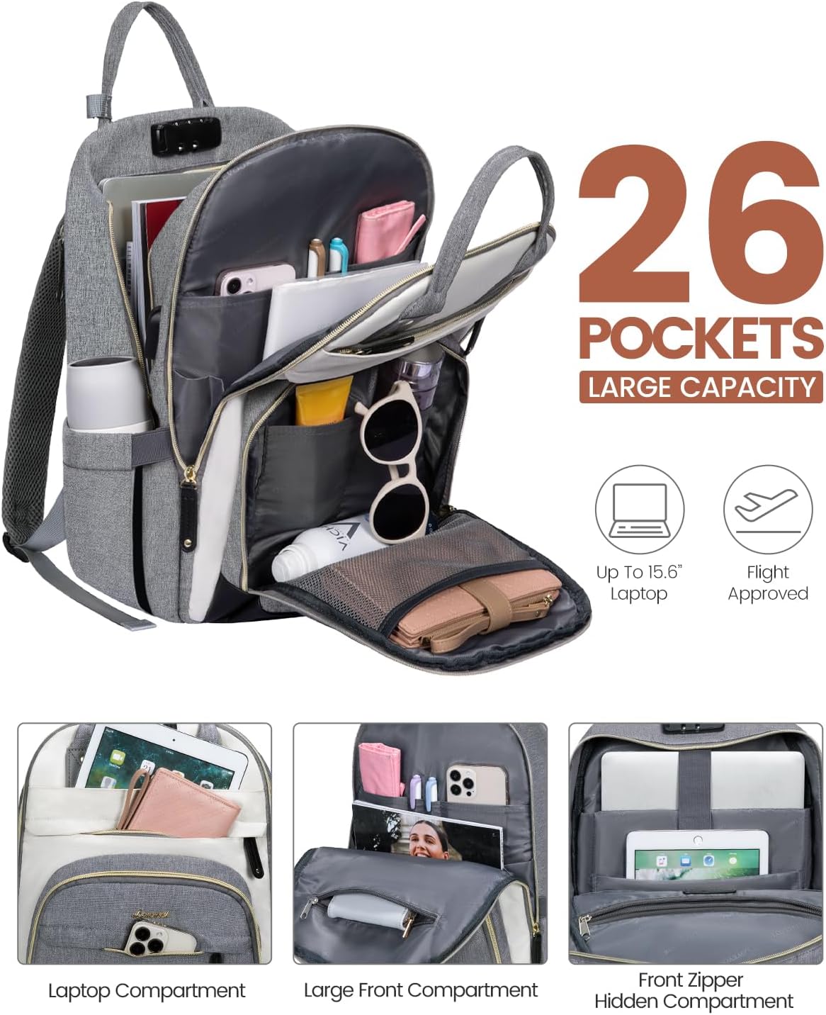 LOVEVOOK Mochila para laptop para mujer, bolsa de viaje antirrobo, Gris-beige-negro, El diseño de empalme multicolor está lleno de vitalidad y es