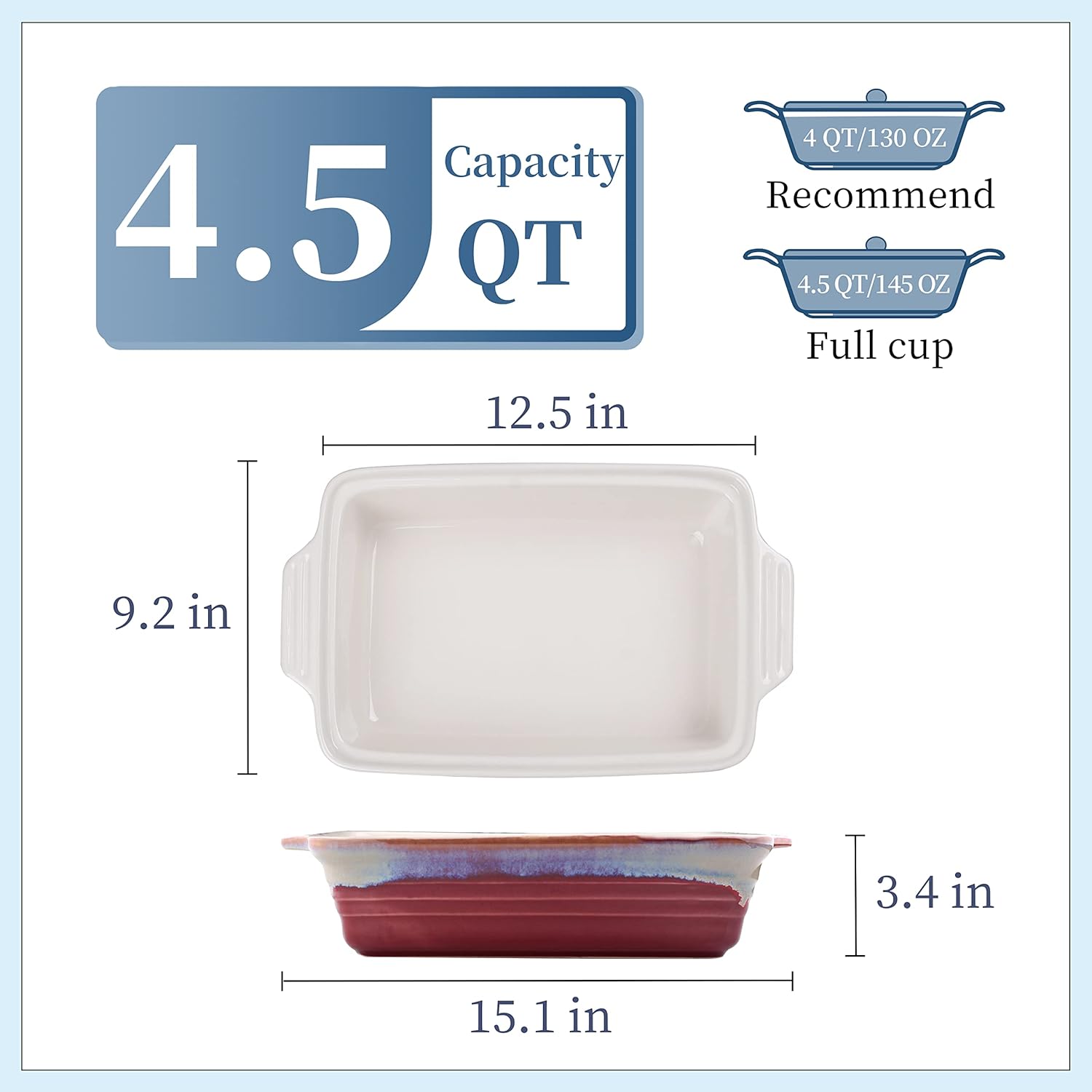 LOVECASA Plato para hornear profundo de 4.5 cuartos de galón con tapa, cacerola rectangular de cerámica de 9 x 13 pulgadas con tapa, sartenes
