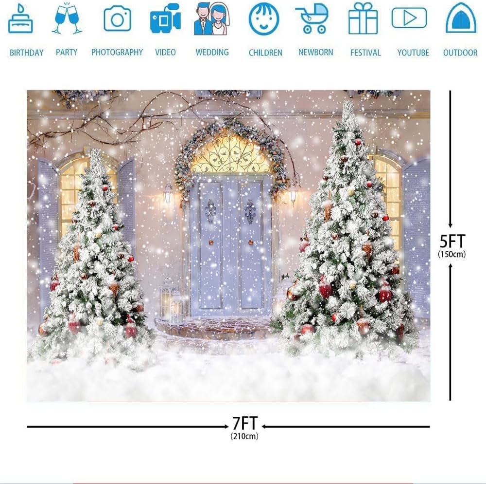 Ticuenicoa Telón de fondo de Navidad de invierno de 7 x 5 pies con purpurina, escena de nieve, puerta de castillo, decoración de árbol de Navidad,