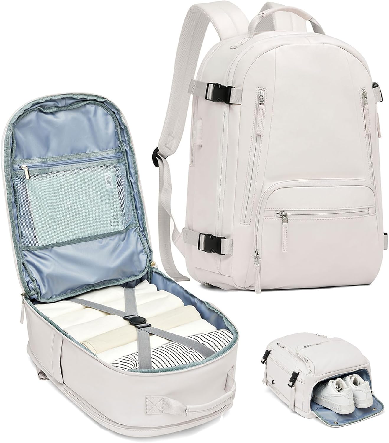SEAFEW Mochila de viaje para mujer, mochila de mano aprobada por vuelo, mochilas casuales para cabaña, Blanco con compartimento para zapatos