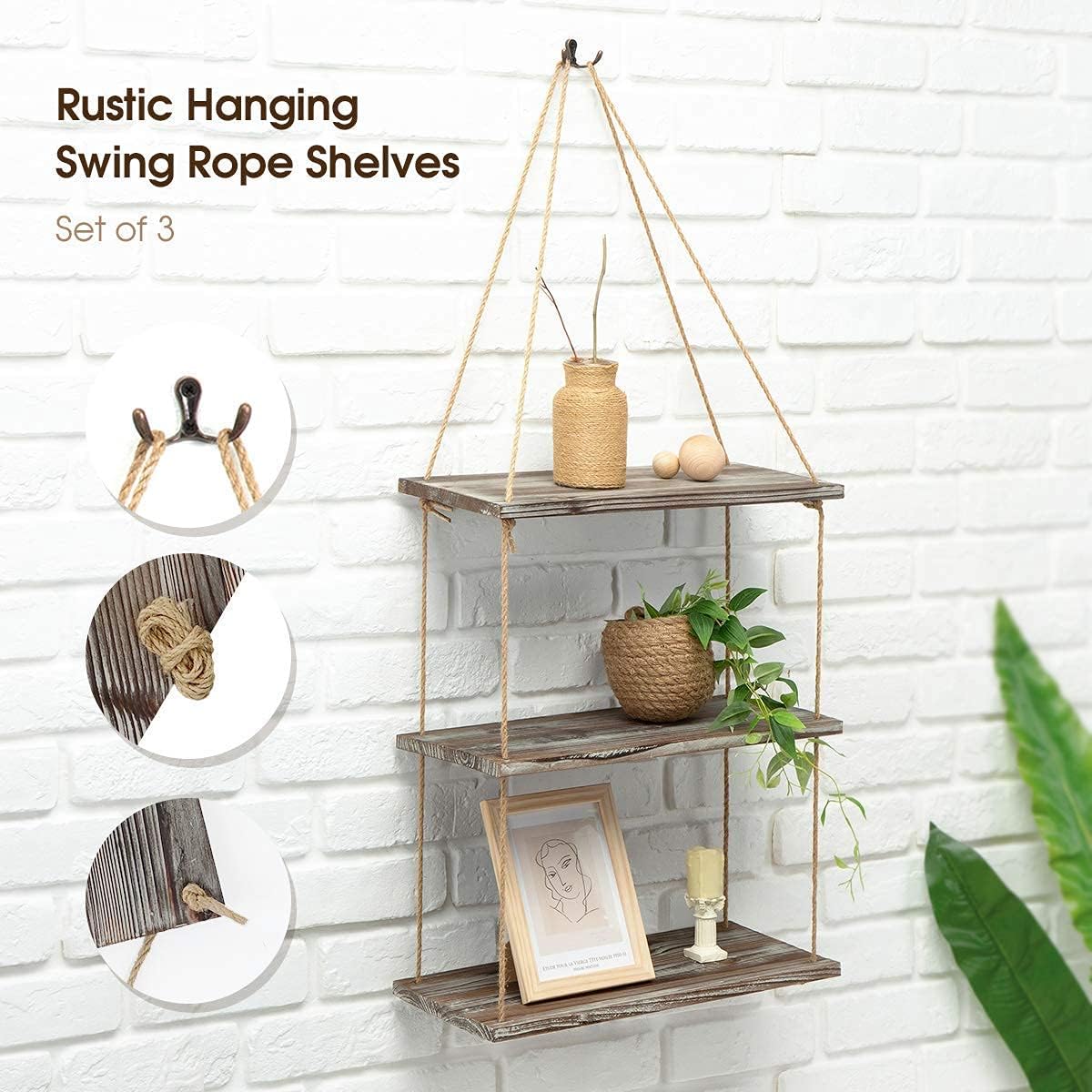 J JACKCUBE DESIGN MK555AAA – Juego de 3 estantes colgantes de madera rústica, decoración bohemia de habitación, estante de exhibición de cuerda