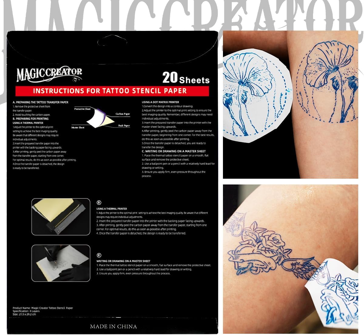 Magic Creator – 20 piezas de papel de transferencia de tatuajes, Stencil Stuff de 4 capas Ultra HD, papel térmico de alta calidad, papel de