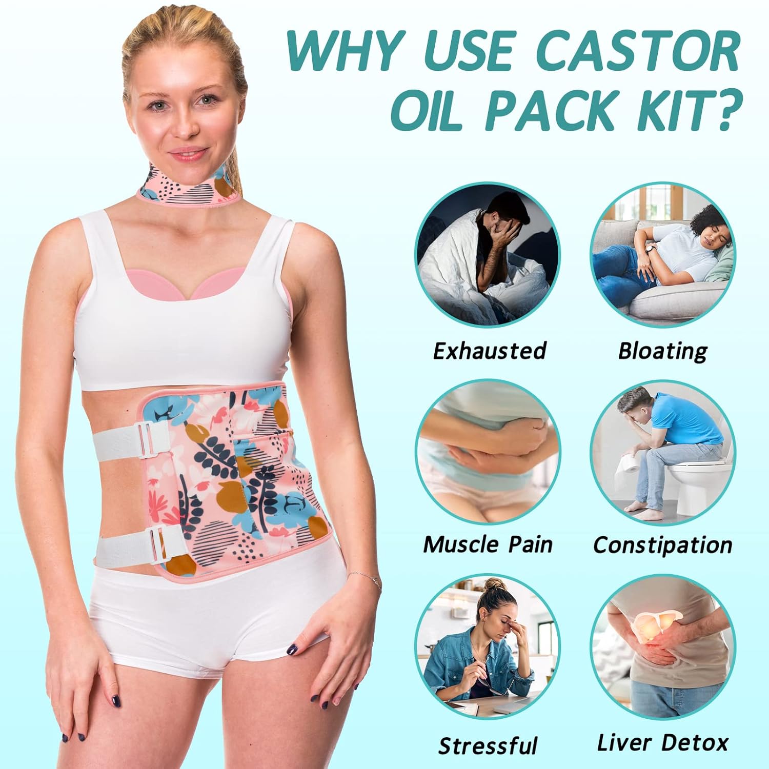 FunisFun Paquete de 4 piezas de aceite de ricino para senos, cuello e hígado, paquete de aceite de ricino reutilizable con correa elástica ajustable