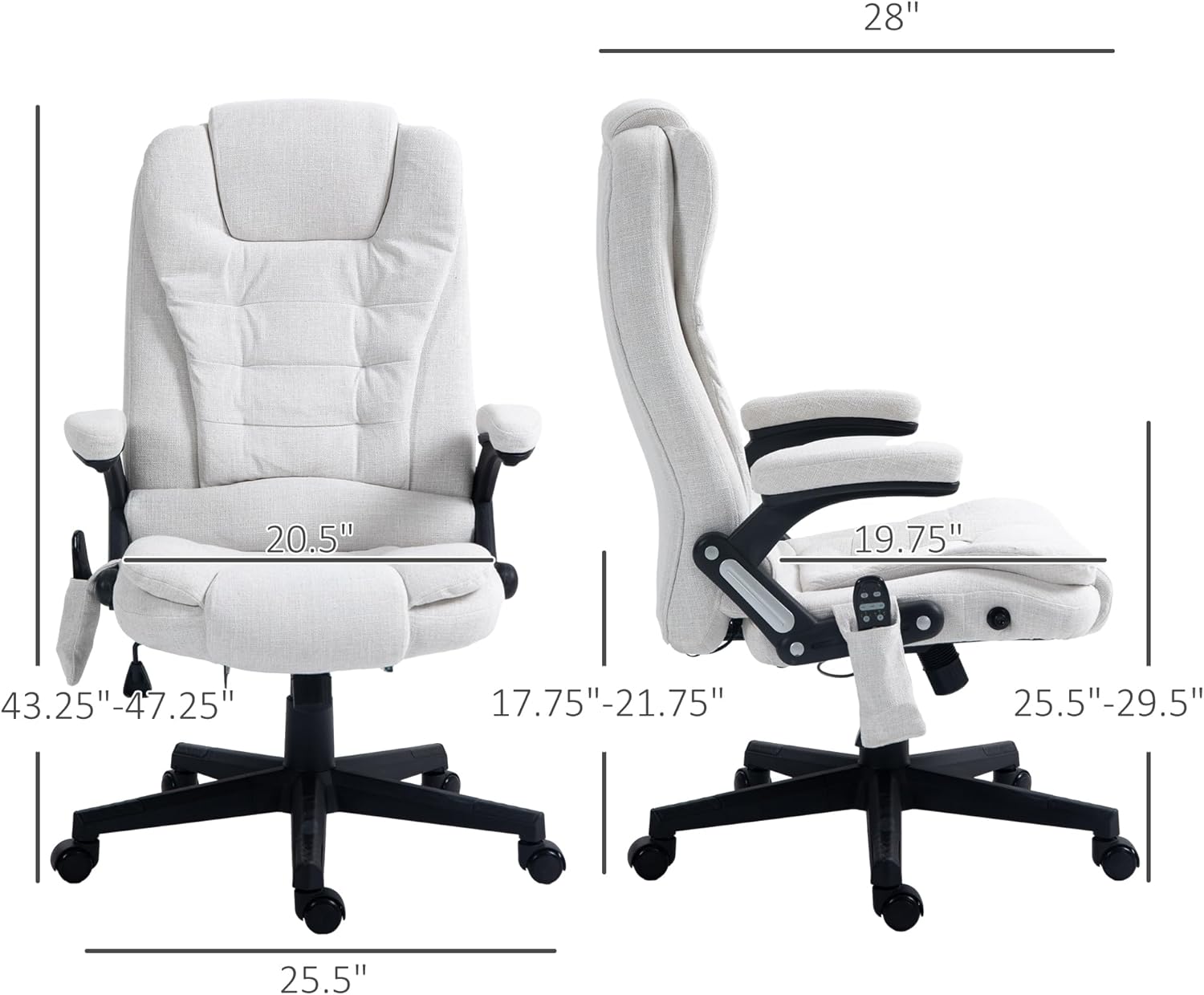 HOMCOM Silla de oficina de masaje vibratorio de 6 puntos con calor, silla de oficina ejecutiva de lino con respaldo alto y respaldo reclinable,