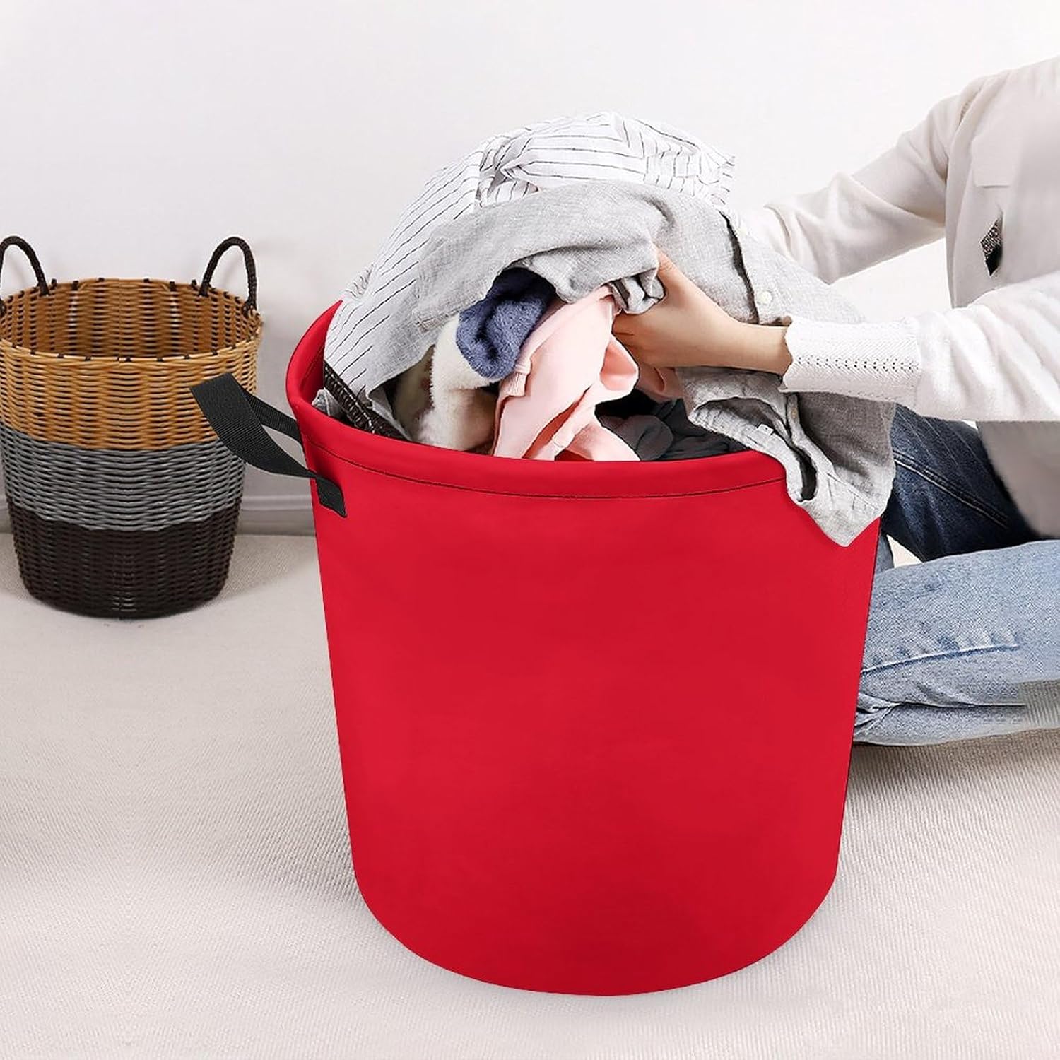 Cesta grande para la ropa sucia, color rojo, elegante, cuadrada, impermeable, plegable, con asas, para dormitorio universitario, artículos