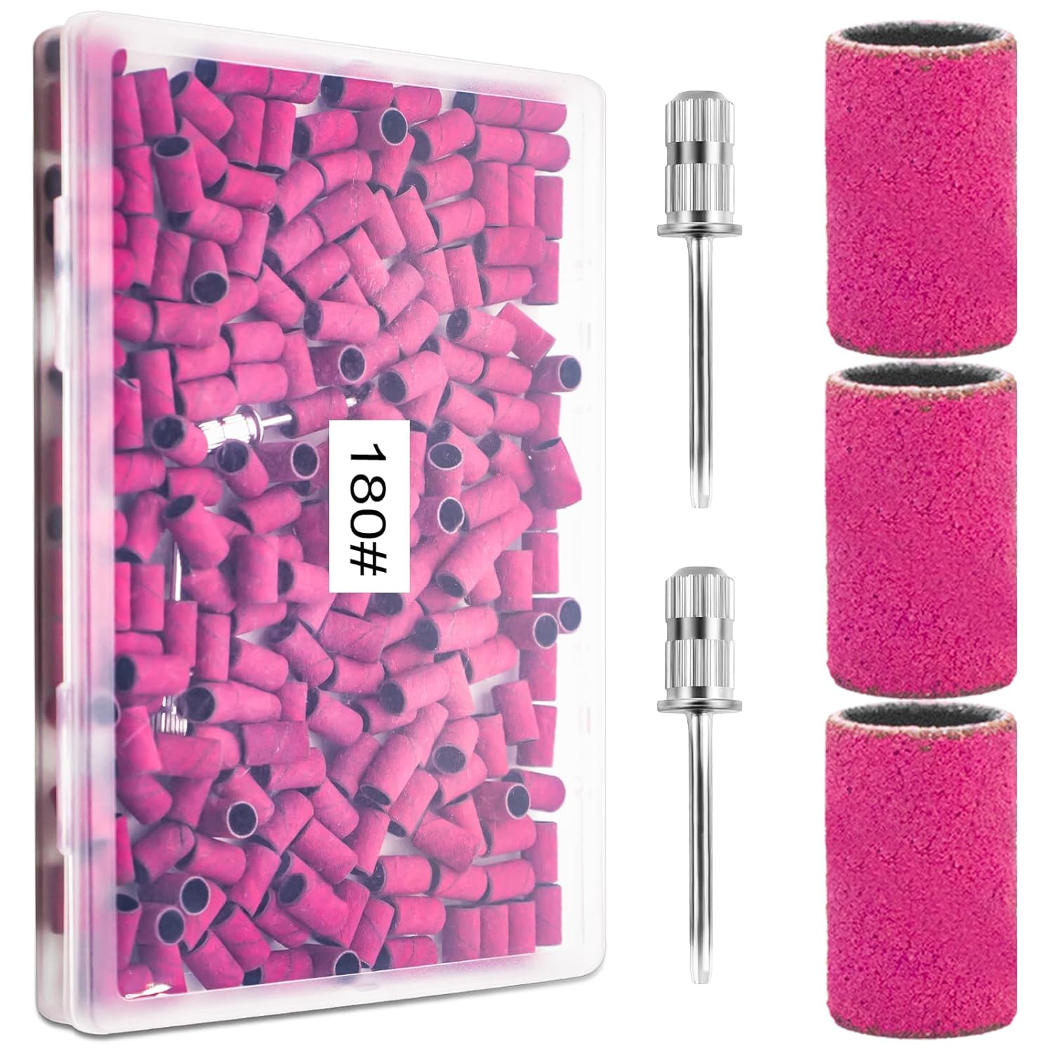 Bandas de lijado para uñas, banda de lijado de grano 180 para taladro de uñas, 200 bandas de lijado rosa de grano fino 180 con broca de lijado de