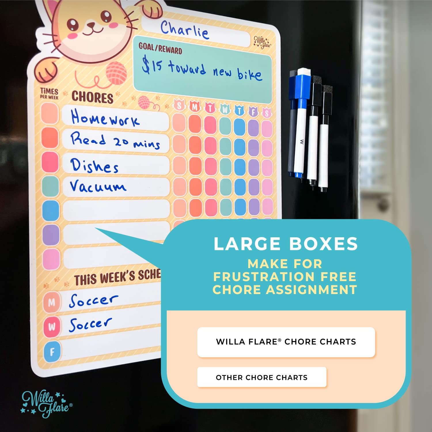 Willa Flare Tabla de tareas del refrigerador, 1 unidad, tabla magnética de tareas para niños y adultos, ayuda a recompensar la responsabilidad con