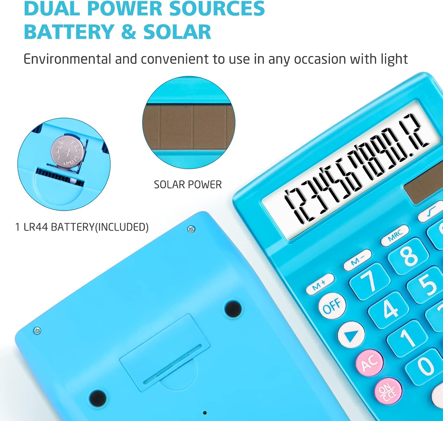 Calculadoras de escritorio, botón grande de pantalla grande, energía solar y de batería dual, 12 dígitos pequeña calculadora funcional básica