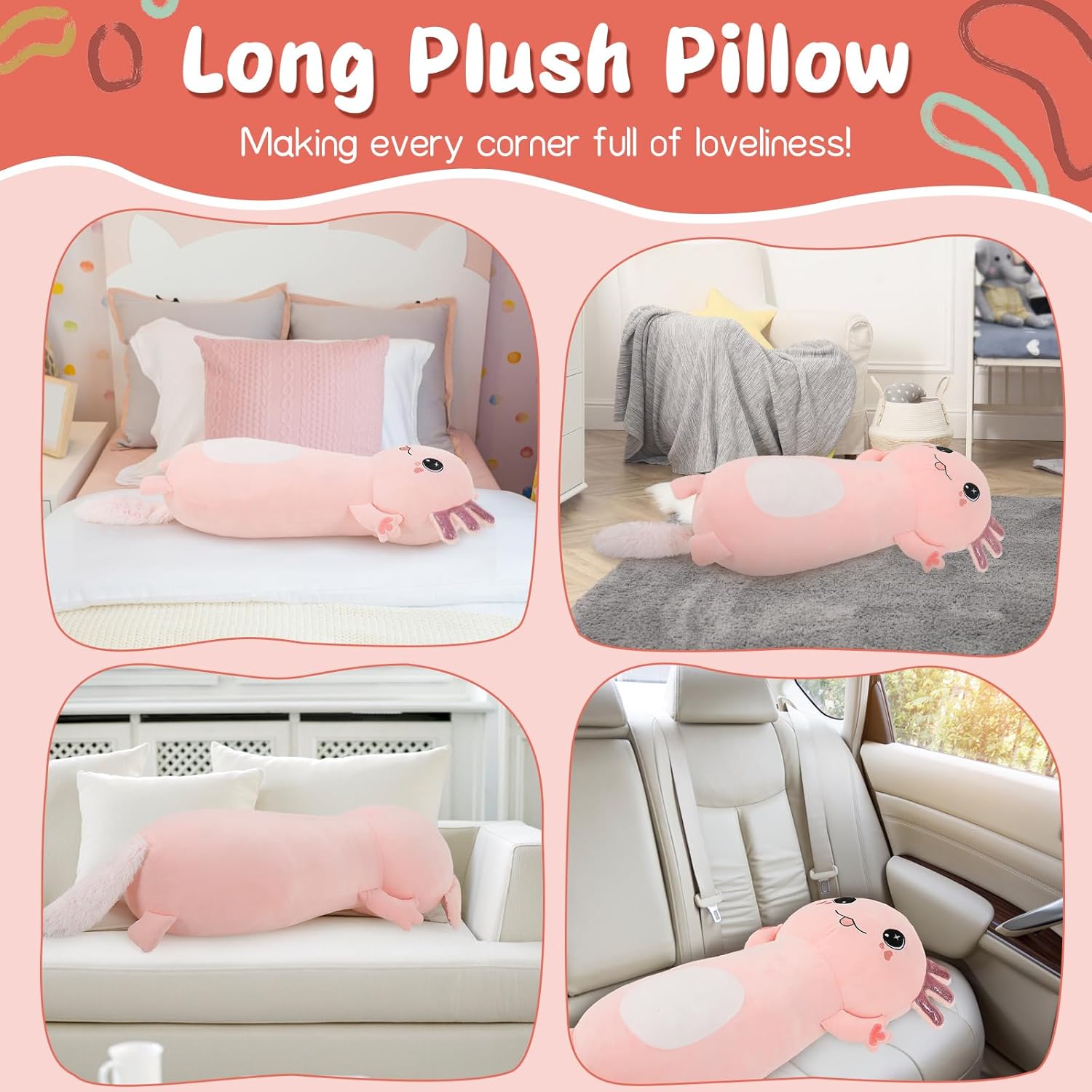 Bonita almohada corporal de ajolote rosa, regalo para niñas, 35 pulgadas de largo, almohada de abrazo para adultos, regalo para el día de San