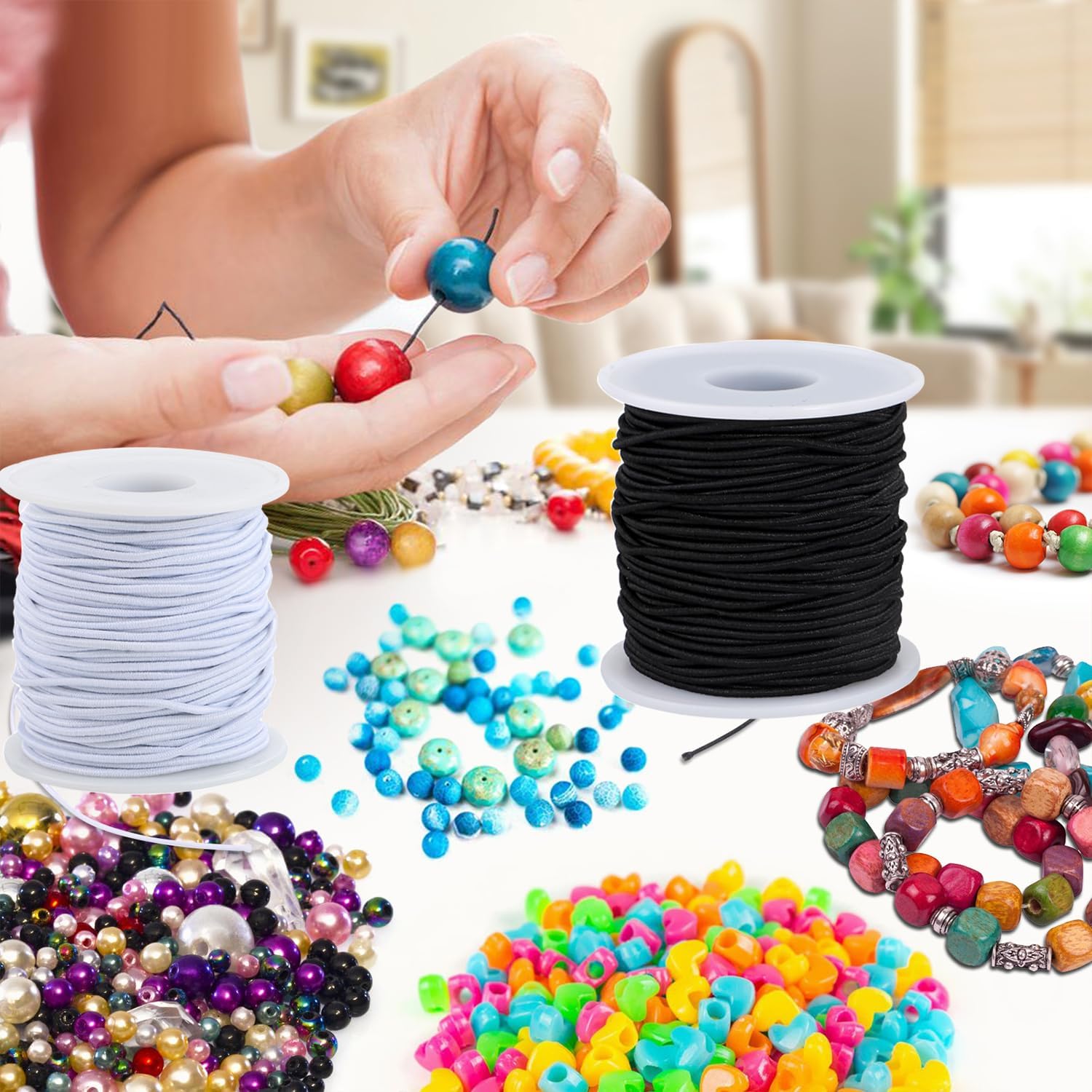 Cuerda elástica para pulsera, 2 rollos de cuerda elástica de 0.059 in para pulseras, joyería, collares, cuentas y manualidades (negro y blanco)
