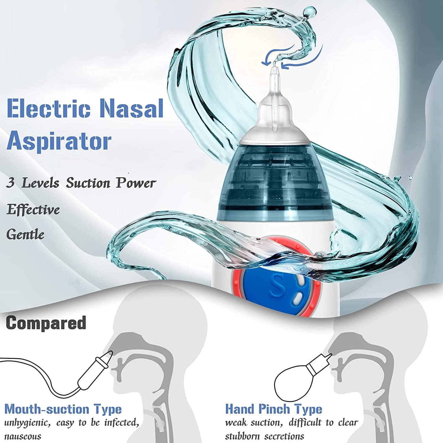 Aspirador nasal eléctrico para bebé, niño pequeño, chupón de nariz ultrasilencioso, succionadores de nariz de silicona para bebés, con 3 puntas de