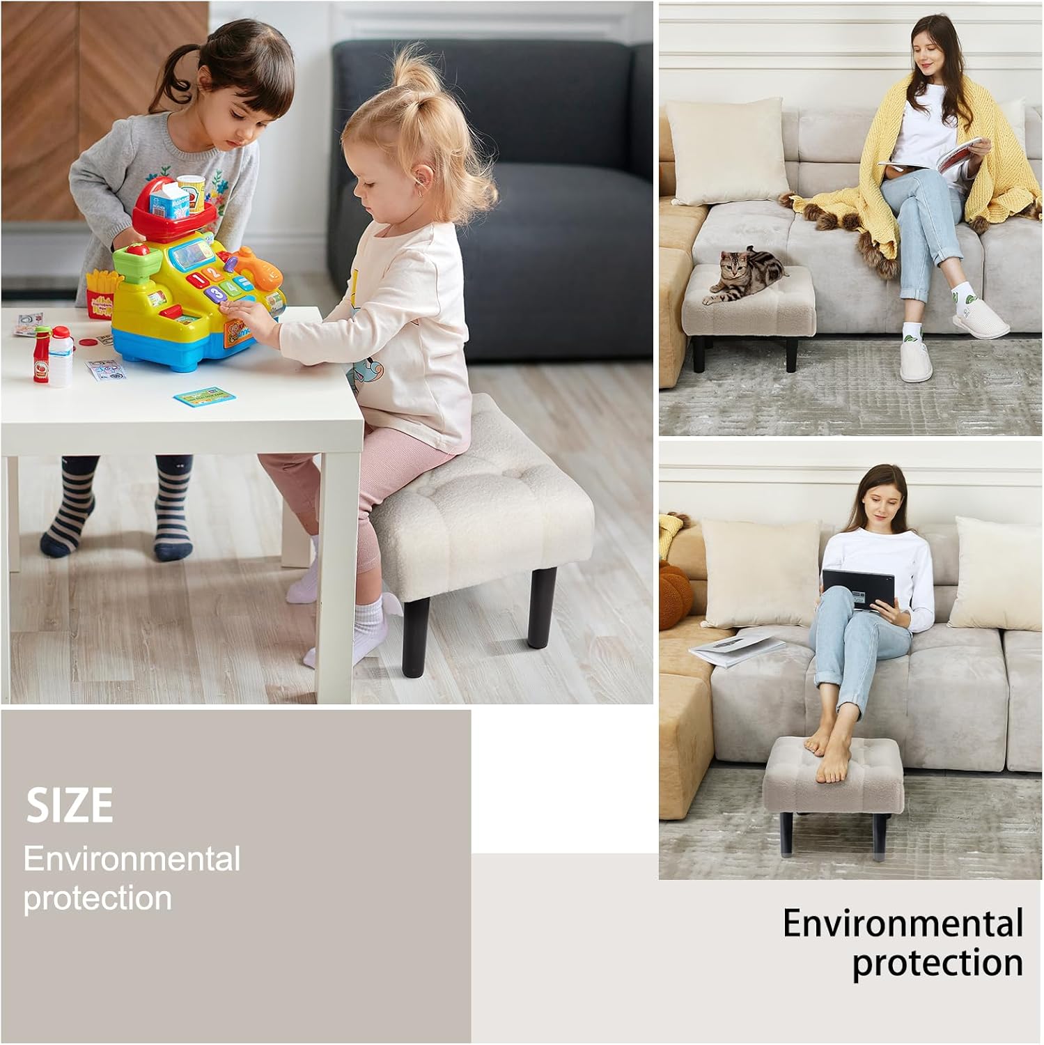 HOUCHICS Taburete acolchado de piel, pequeño reposapiés otomano con patas de madera, silla rectangular moderna, reposapiés para sala de estar, sofá,