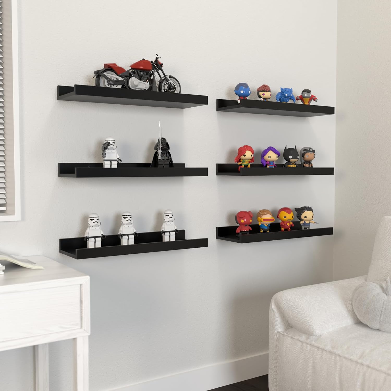 DOLLFIO Juego de 6 estantes flotantes, estantes de pared negros con labio, estantes de exhibición para decoración de pared, repisa de imagen moderna