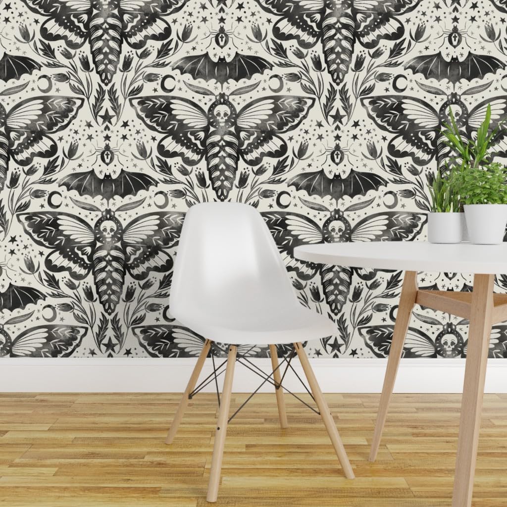 Spoonflower Papel tapiz extraíble de 12 x 2 pies  Acuarela Calavera Polilla Damasco Negro Blanco Flor Estrellas Elegante Tinta Magia Papel pintado