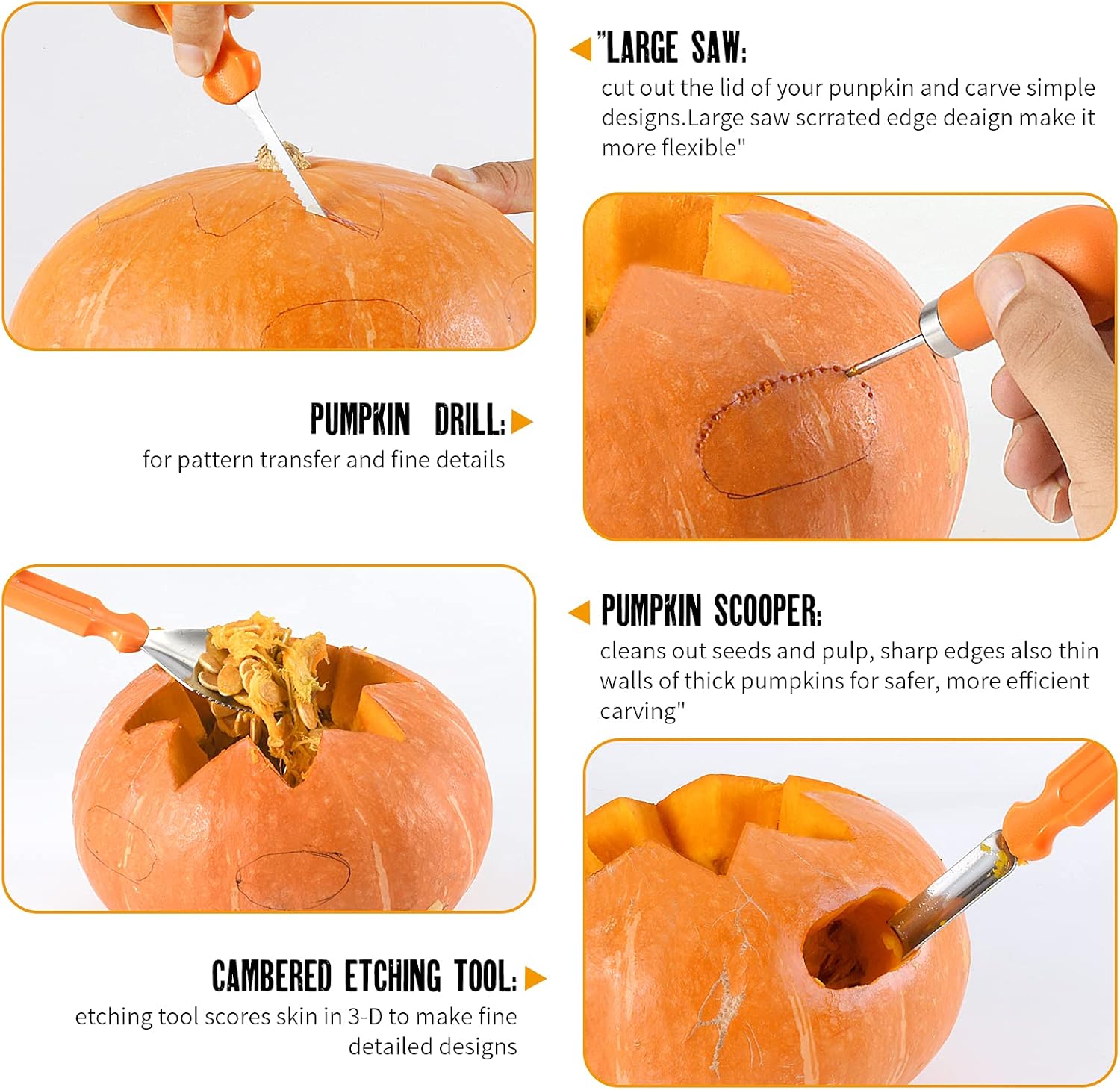 kuaima Juego de herramientas para tallar calabazas de Halloween, kit de tallado de calabaza, cuchillo profesional de acero inoxidable, herramientas
