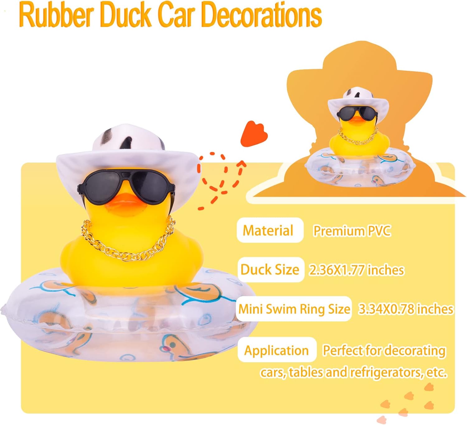Pato de goma para automóvil, 2 unidades, decoración de tablero de automóvil, pato amarillo, accesorios de decoración de tablero con mini anillo de