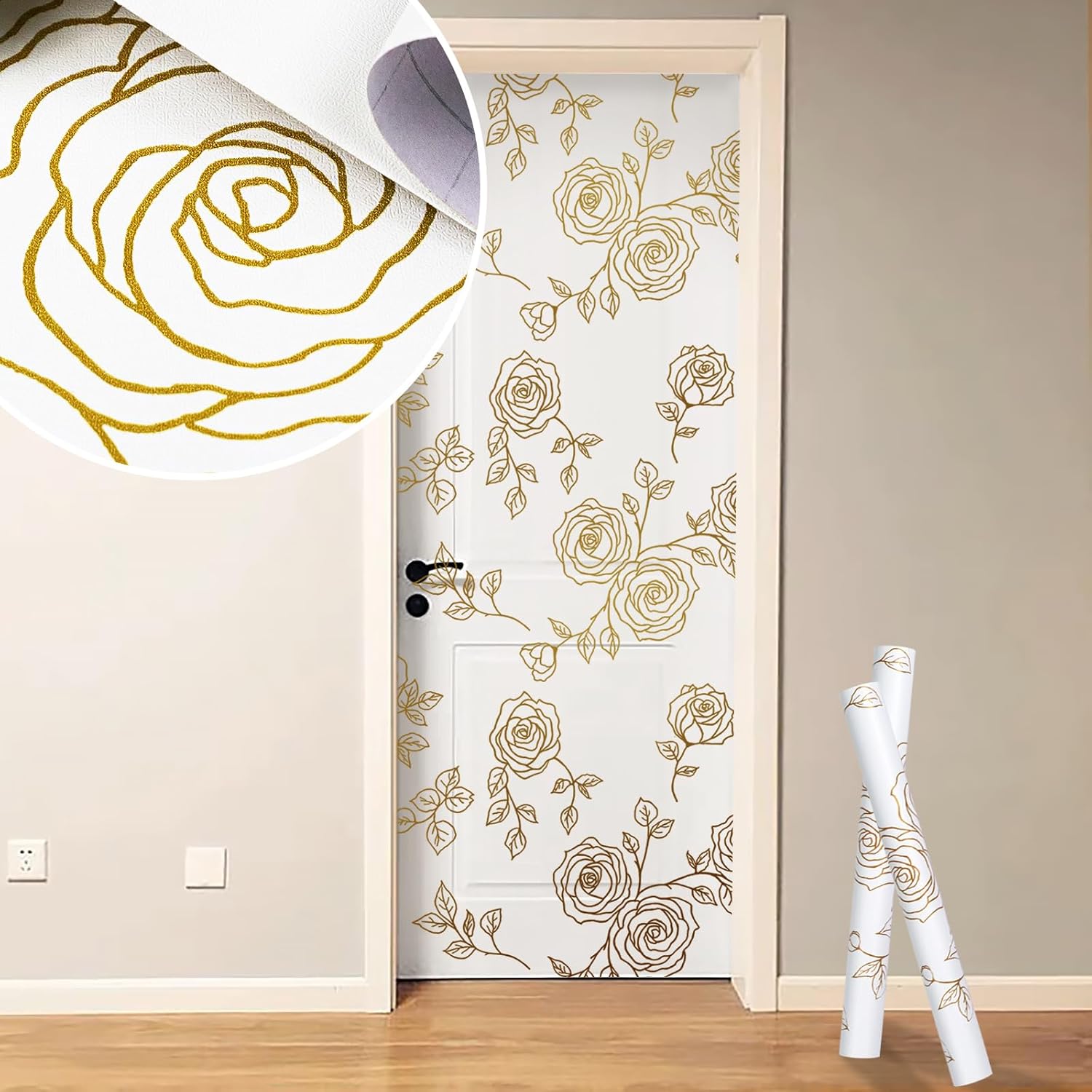 AMIYA Papel tapiz de flores para despegar y pegar, papel tapiz bohemio dorado y blanco, renovación de dormitorios, armarios, etc. Papel tapiz de