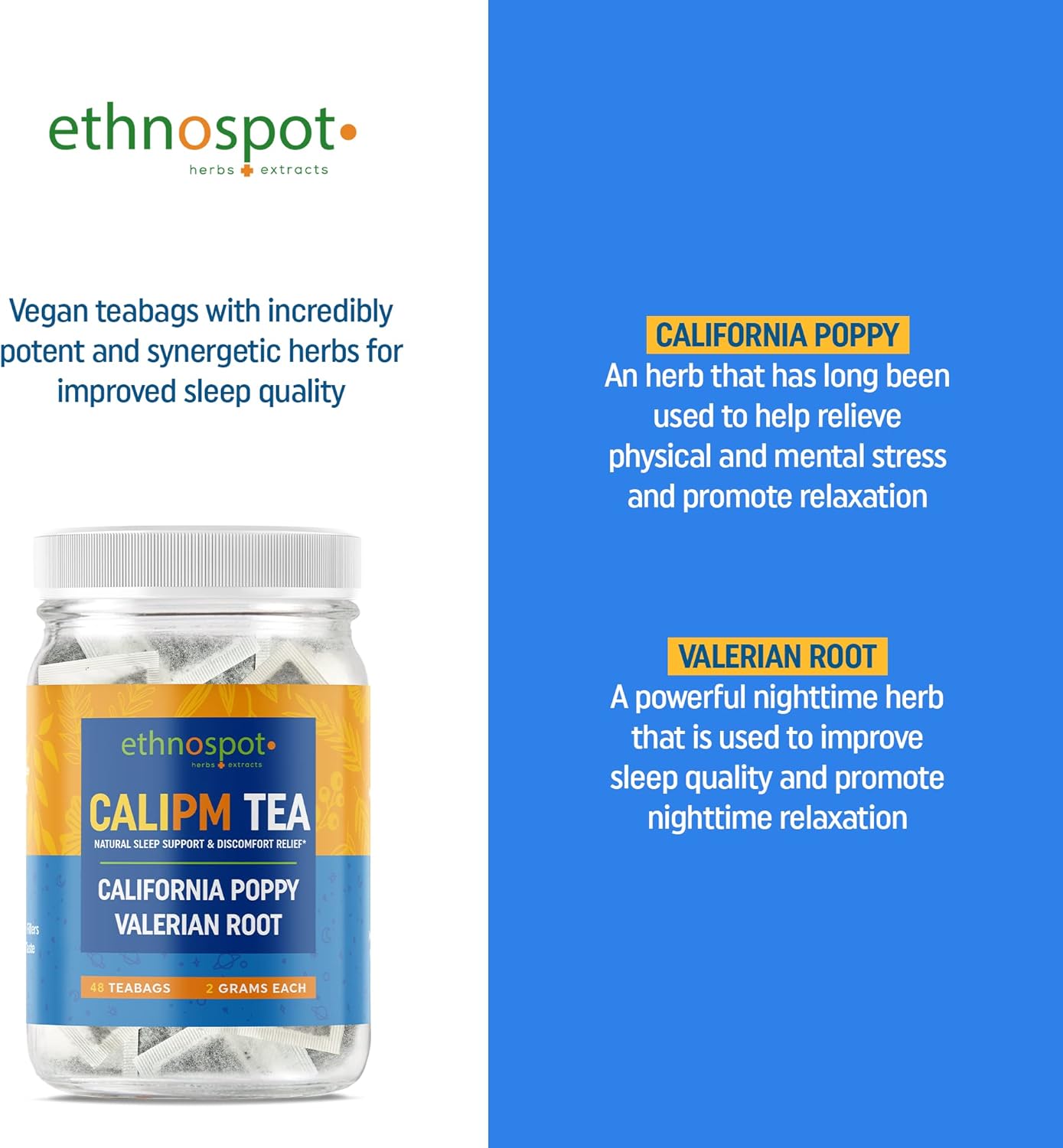 CaliPM – Té de hierbas para ayudar al sueño de raíz de valeriana de amapola de California, promueve el sueño profundo y un sueño más largo, reduce