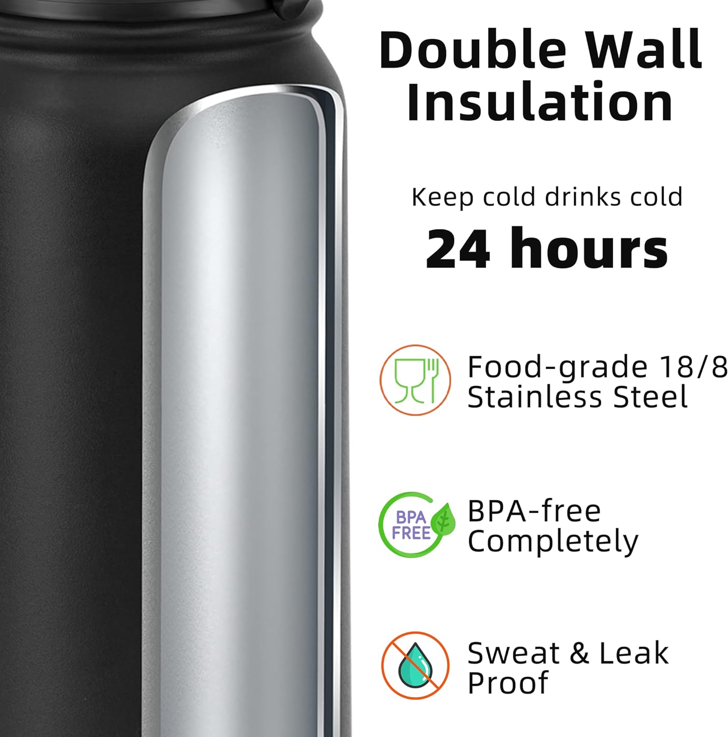 Fanhaw Botella de agua aislada de acero inoxidable de 40 onzas con tapa con popote, a prueba de fugas y sudor, con tapa antipolvo (negro)