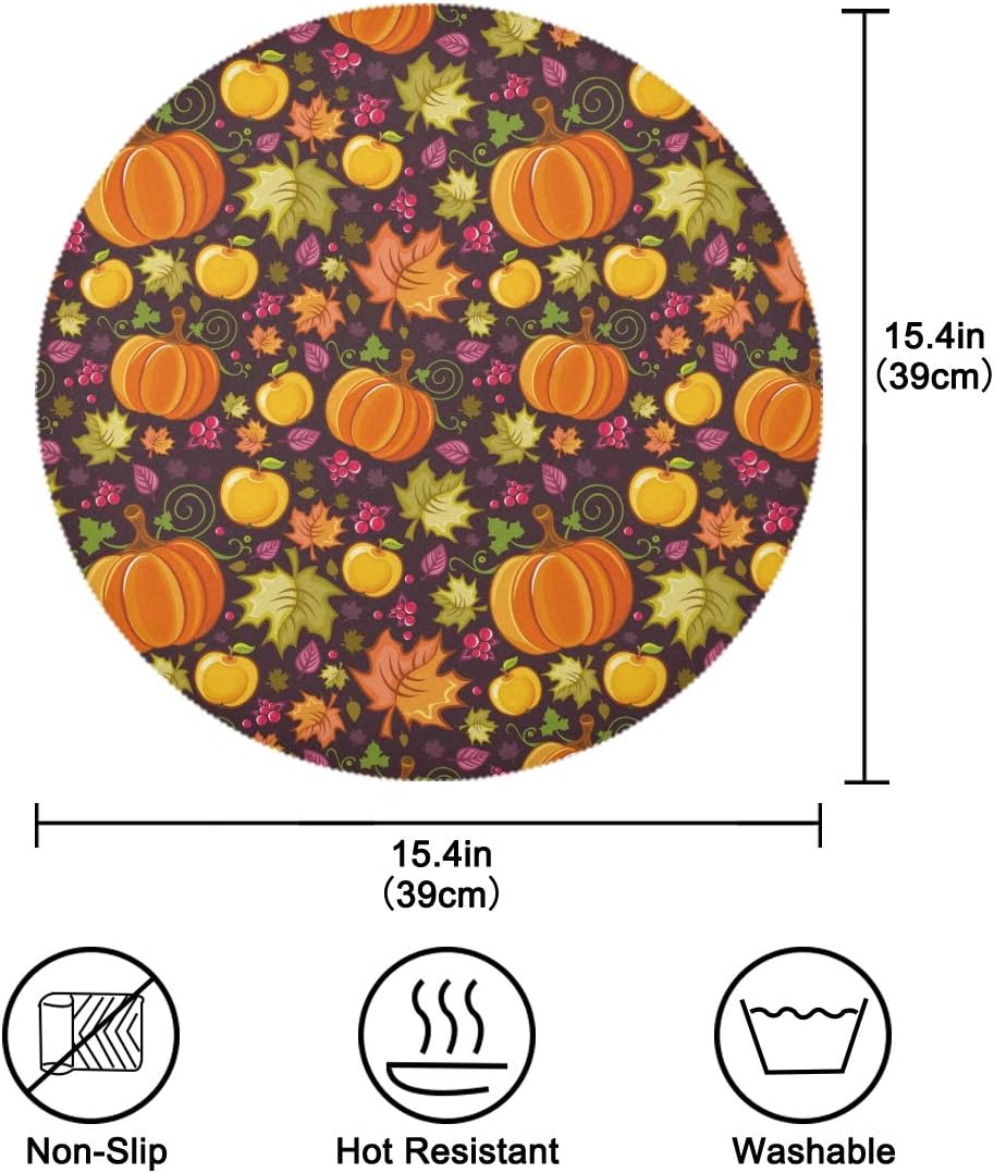 Qilmy Juego de 4 manteles individuales redondos de poliéster antideslizantes y lavables de cosecha de otoño, para decoración de mesa de cocina,
