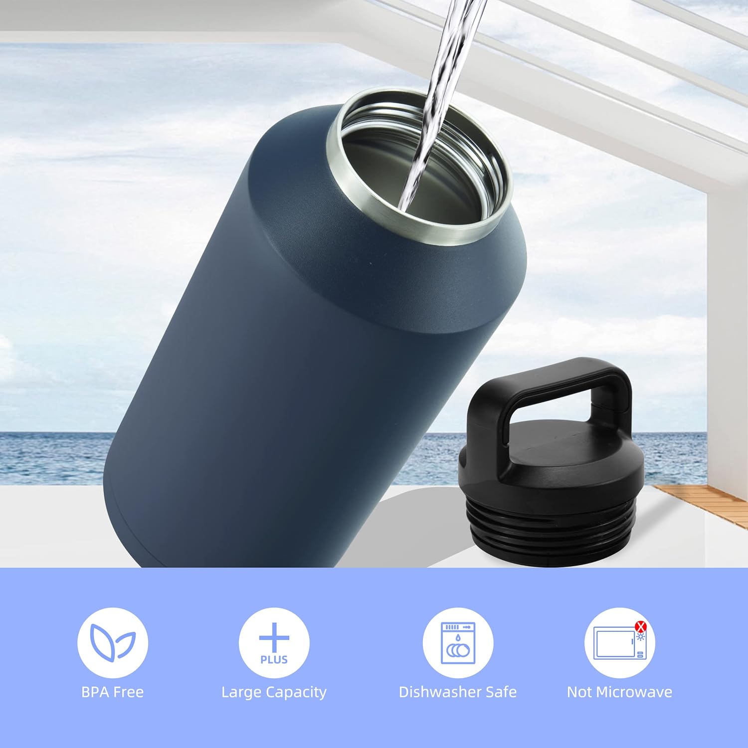 BJPKPK Botella de agua de medio galón aislada, apta para lavavajillas, botella de agua de 64 onzas con asa, a prueba de fugas, sin BPA, botella de