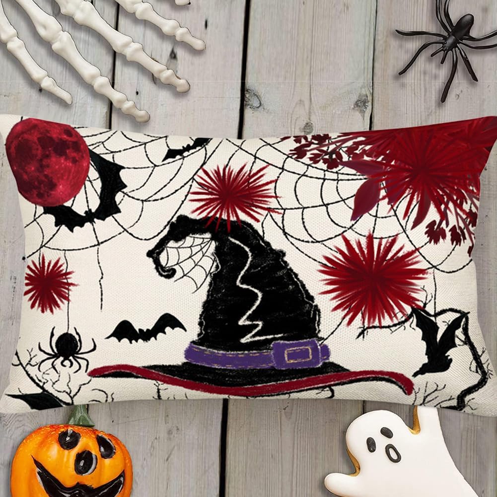 Fundas de almohada con sombrero de bruja de Halloween de 12 x 20 pulgadas, diseño floral rojo y negro, tela de araña, decoración de Halloween,