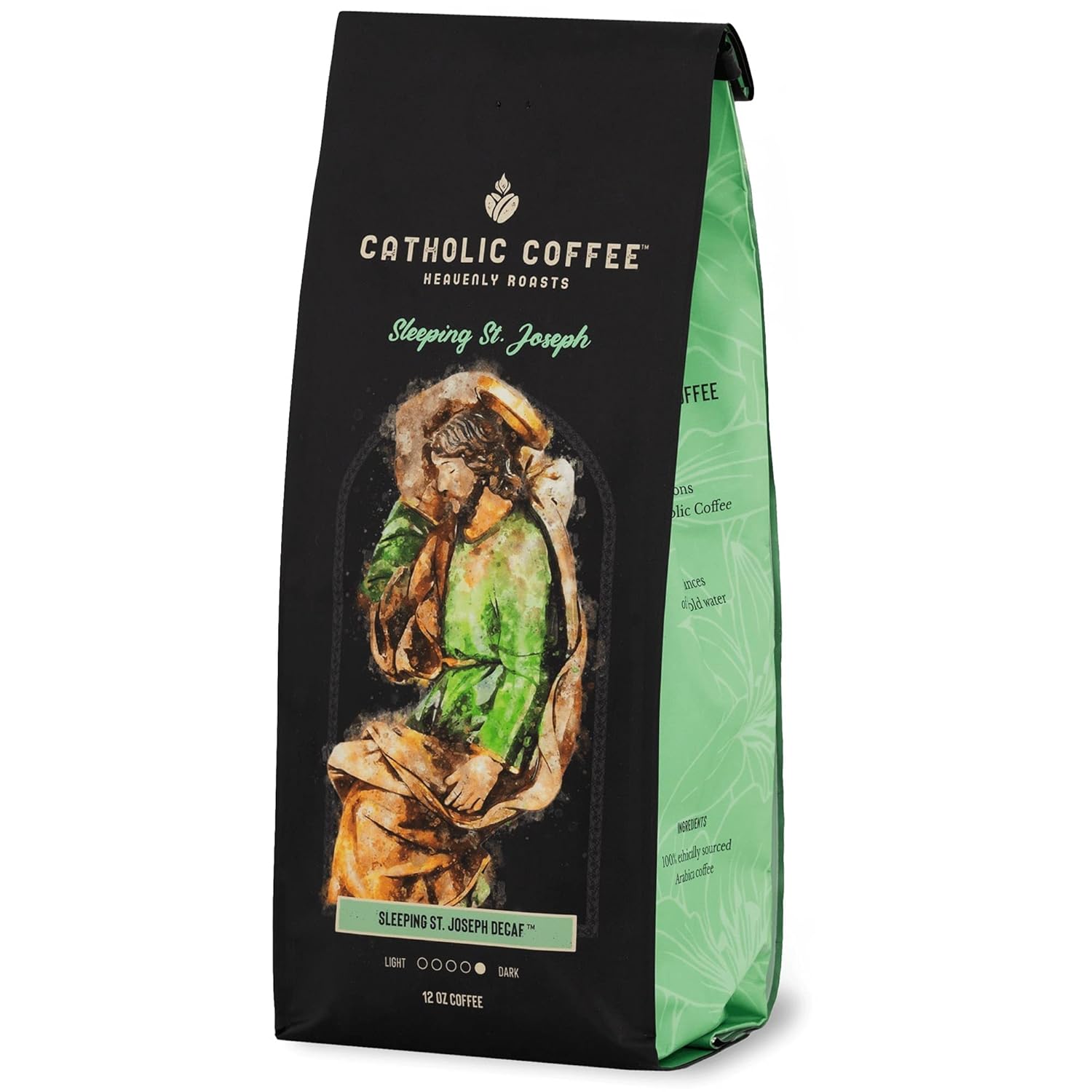 Catholic Coffee Café arábica descafeinado Sleeping St. Joseph, café tostado oscuro. Procedente éticamente de Colombia y hecho por una empresa