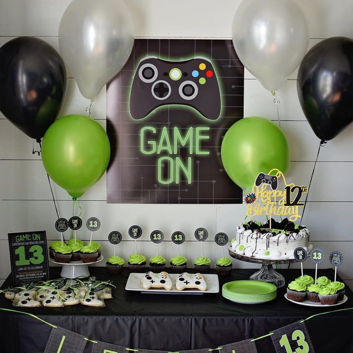 1 pieza de decoración de pastel de feliz cumpleaños 12 con purpurina para videojuego, juego de selección de pasteles en controladores, 12 saludos a