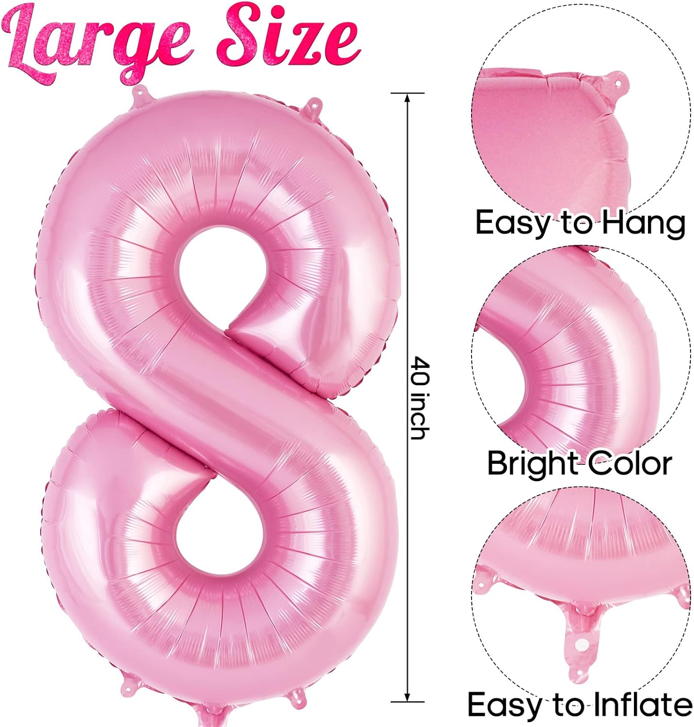 Globo rosa del número 8 de 40 pulgadas, globos grandes de aluminio con helio, globos gigantes gigantes de Mylar número 8 para fiestas de cumpleaños