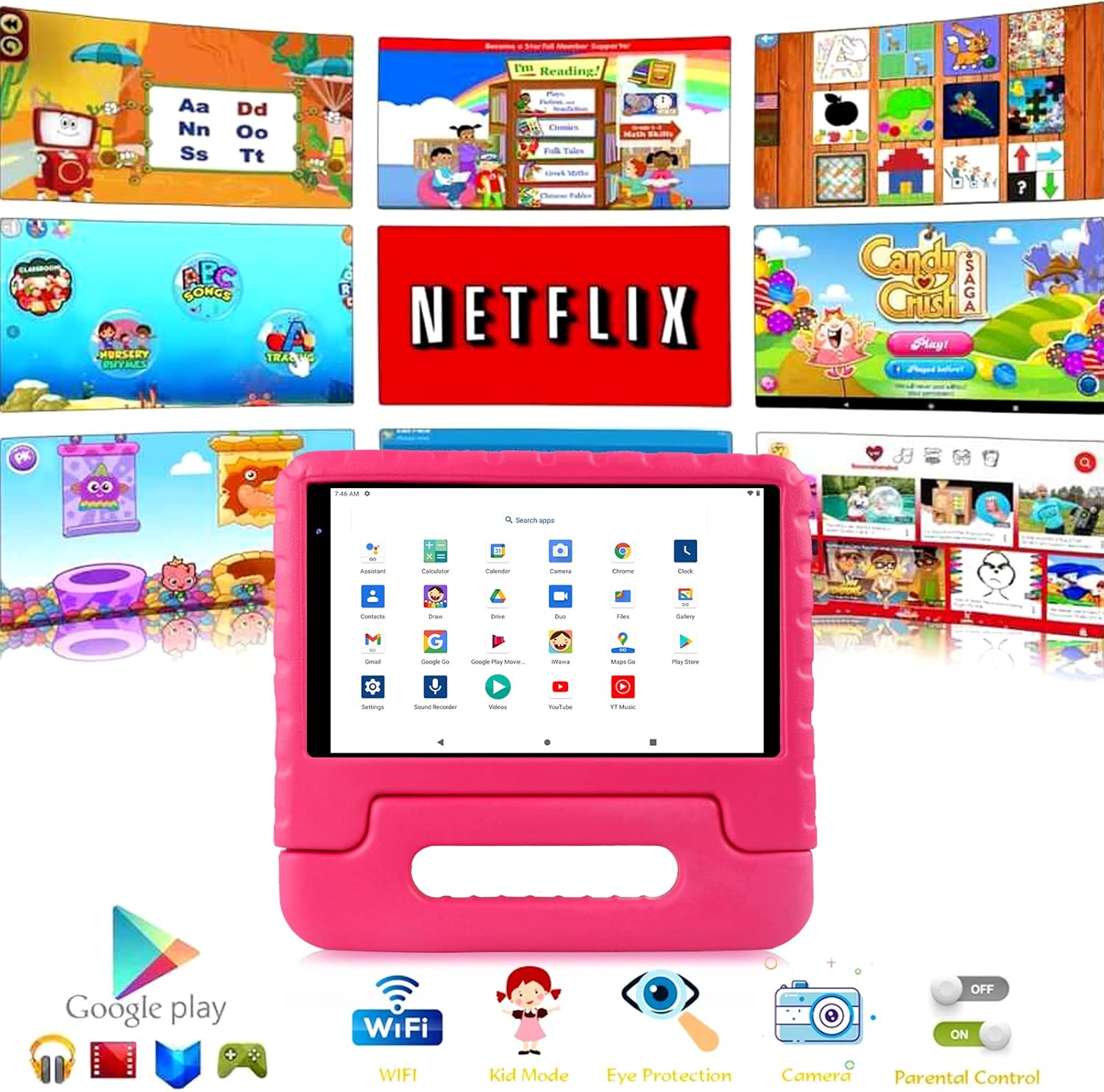 FACETEL Tableta para niños de 8 pulgadas Android 13 para niños, 7 GB de RAM, 64 GB ROM TF 512 GB, control parental, juego de rompecabezas, Bluetooth