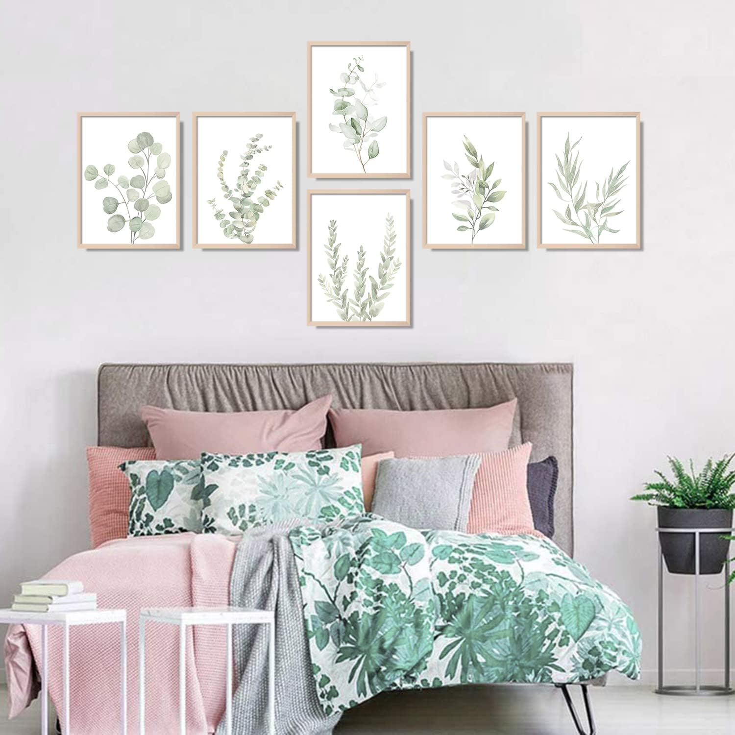 NCYEL Arte de pared con plantas botánicas, decoración bohemia para baño, impresiones artísticas de pared de hojas de eucalipto verde claro, arte de