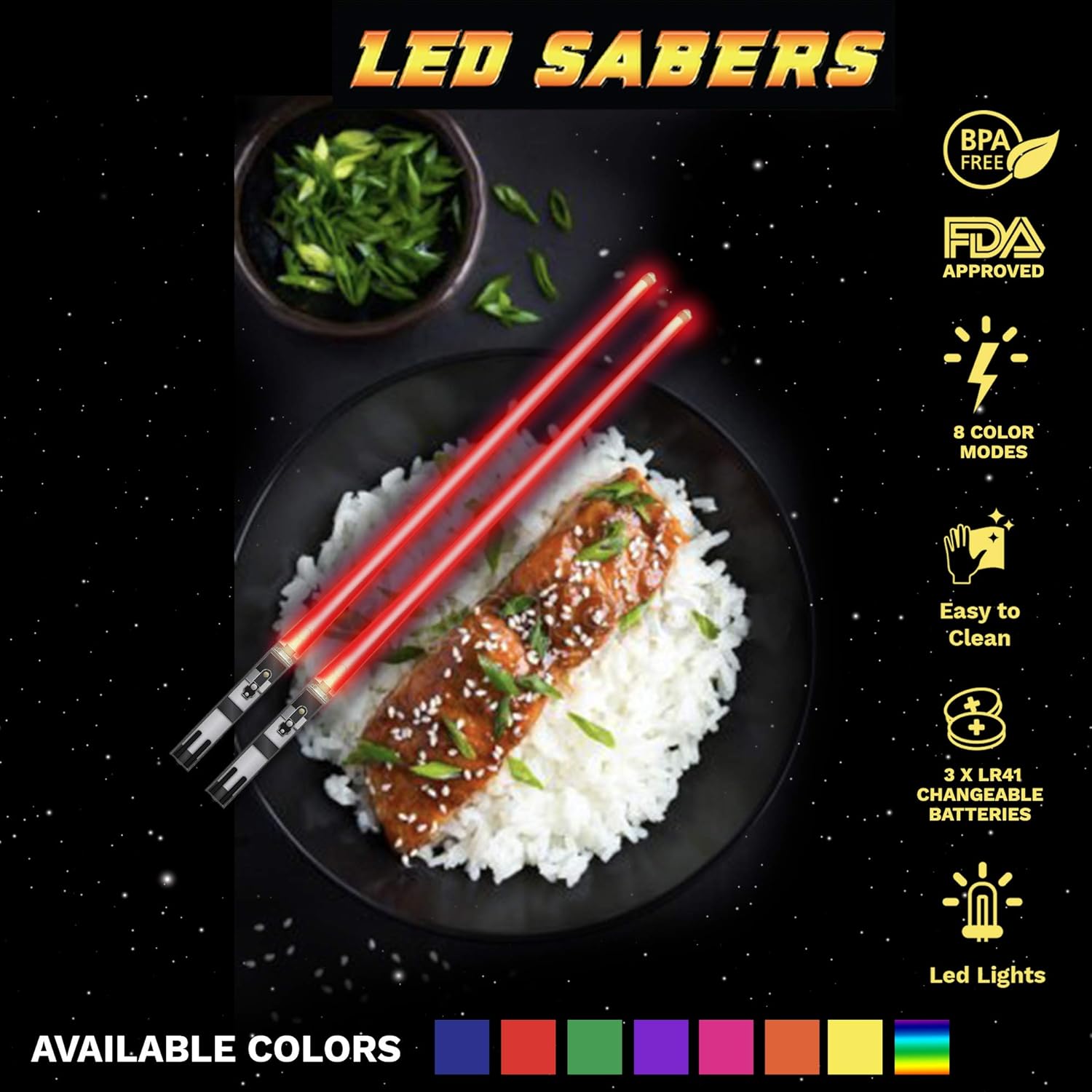 LIGHTSABER CHOPSTICKS LIGHT UP STAR WARS LED Glowing Light Saber Chop Sticks REUSABLE Sushi Lightup Sabers -Removable Handle Dishwasher Safe