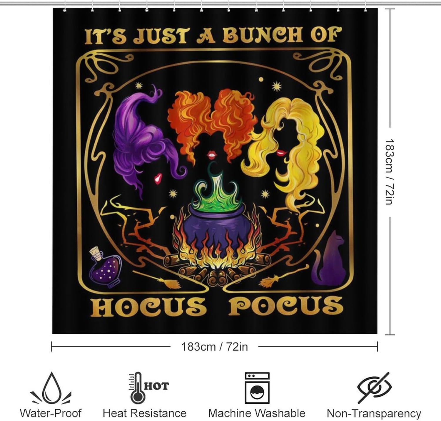 Hocus Pocus, cortina de ducha de Halloween, juego de cortina de ducha impermeable de 72 x 72 pulgadas con 12 ganchos para decoración de baño