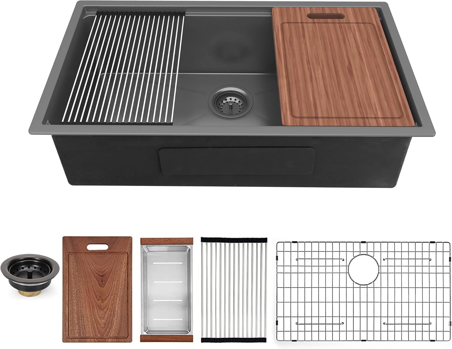 Fregadero de cocina con estación de trabajo de 32 pulgadas, hecho a mano, calibre 16, acero inoxidable R10, radio apretado, cuenco individual,