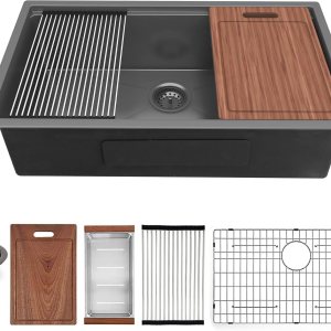 Fregadero de cocina con estación de trabajo de 32 pulgadas, hecho a mano, calibre 16, acero inoxidable R10, radio apretado, cuenco individual, Fregadero de cocina con estación de trabajo de 32 pulgadas, hecho a mano, calibre 16, acero inoxidable R10, radio apretado, cuenco individual,