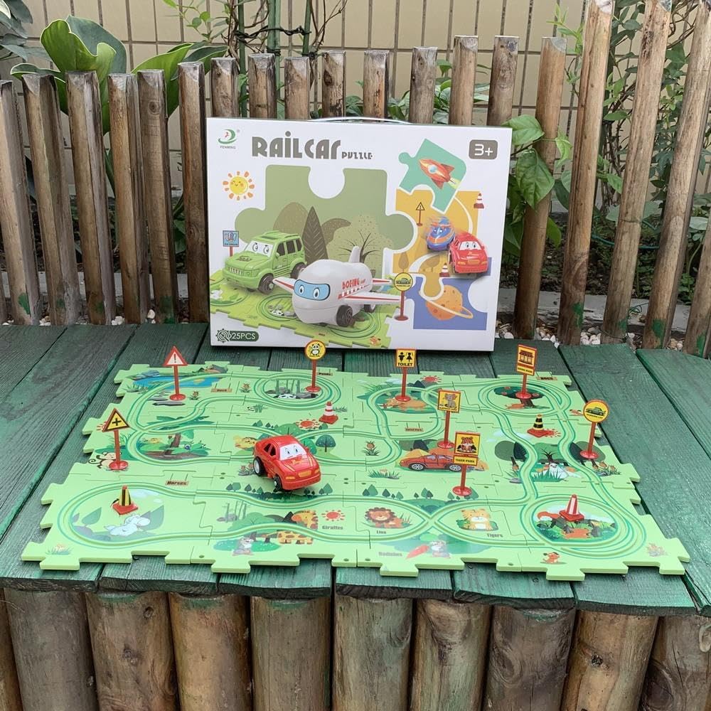 PowerTRC Rompecabezas de coche de ferrocarril de plástico con un coche y señales de carretera  Montessori educativo imaginativo aprendizaje