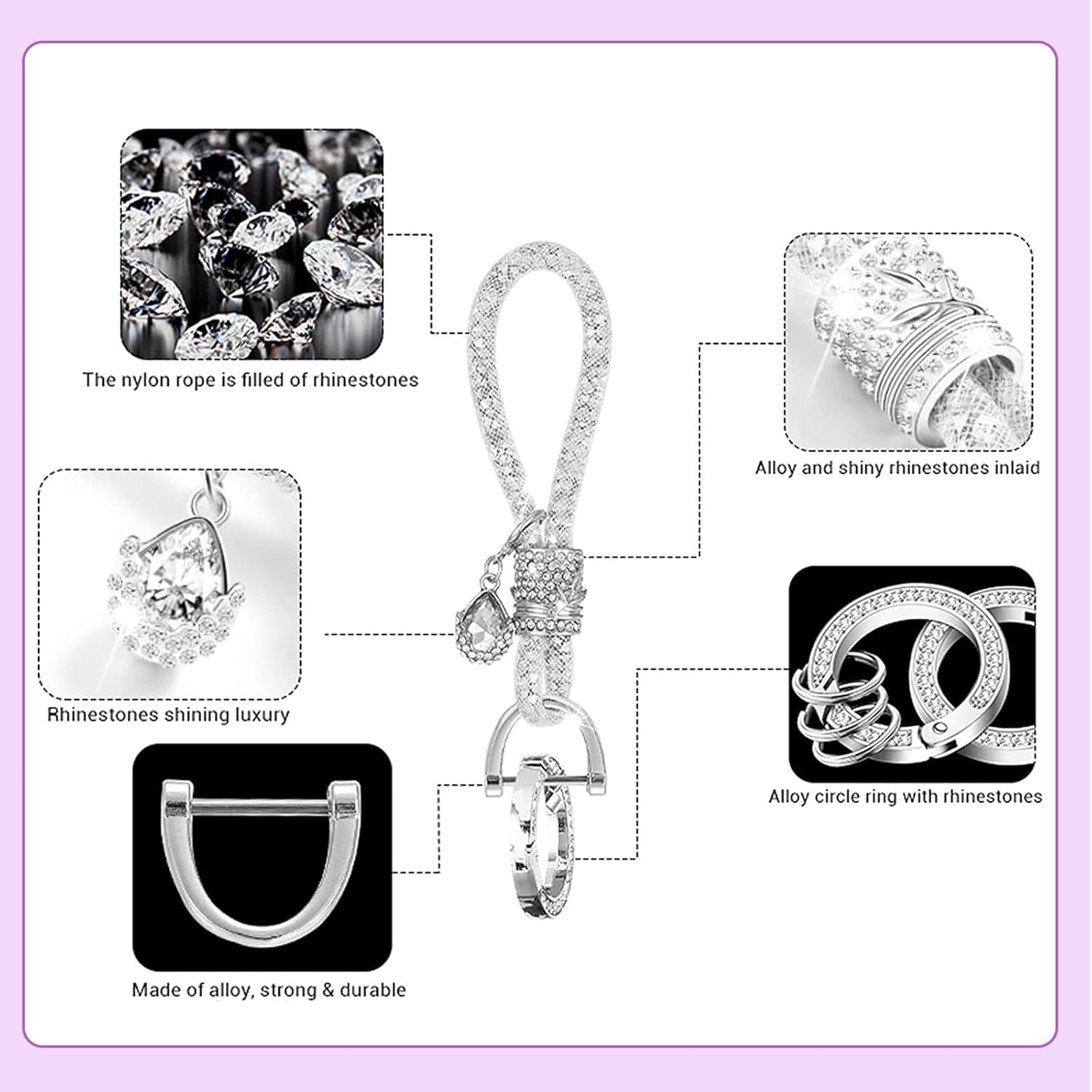 1 llavero de diamantes de imitación para automóvil, llavero de moda para mujer, accesorios de anillo de cristal (plateado)