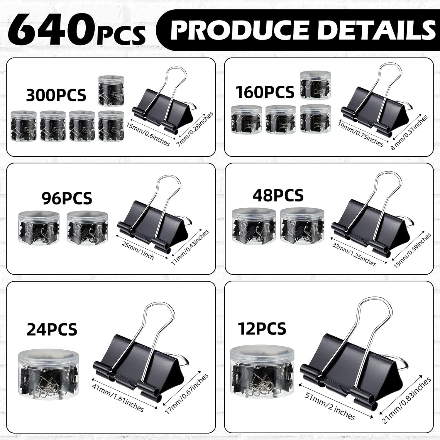 Yexiya 640 clips para carpeta, abrazaderas de papel de varios tamaños, color negro, clips de metal para carpetas de papel, combinación de